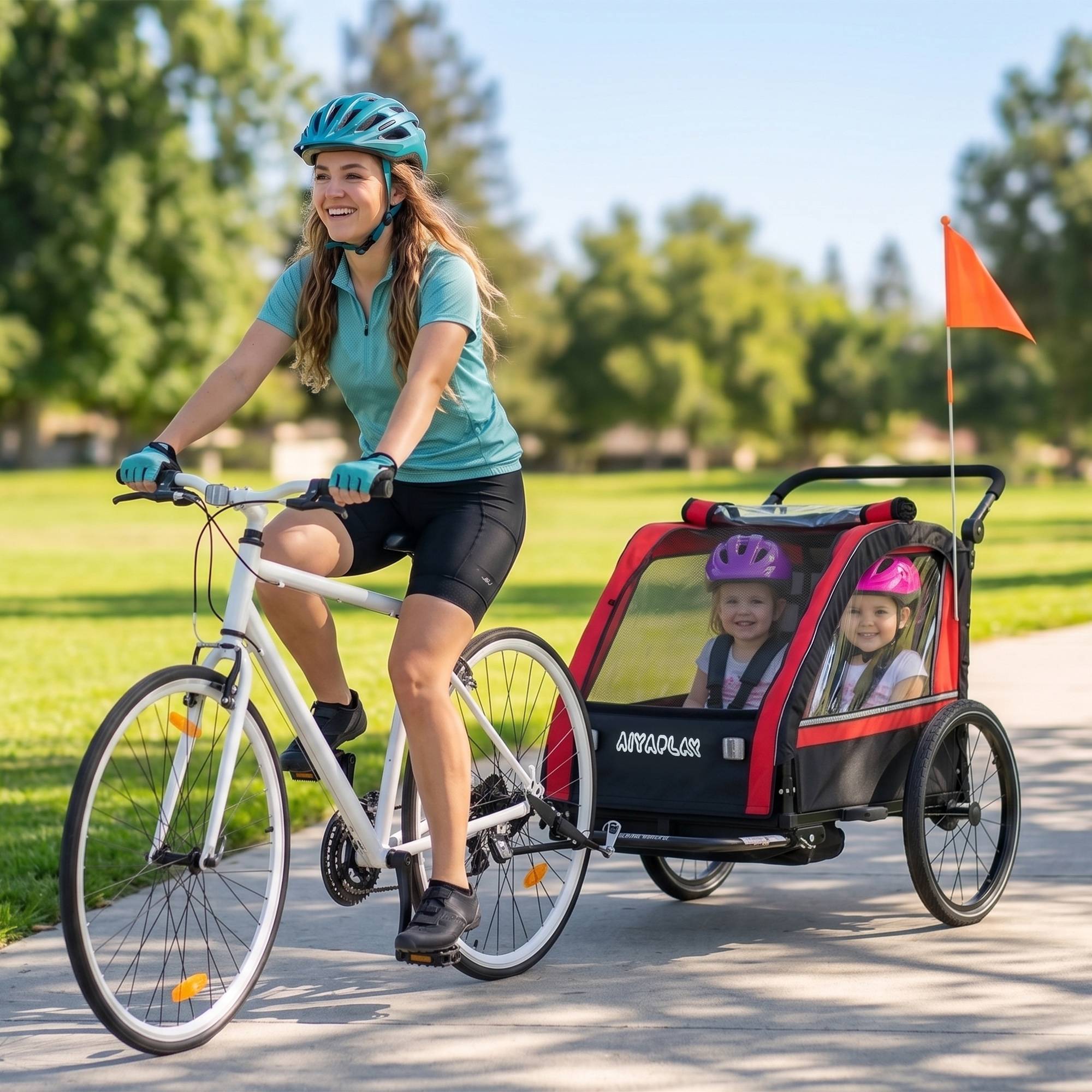 Remorque vélo enfant 2 en 1, poussette vélo bébé 2 places, guidon réglable, frein à main, ceinture de sécurité, rouge - Image 4