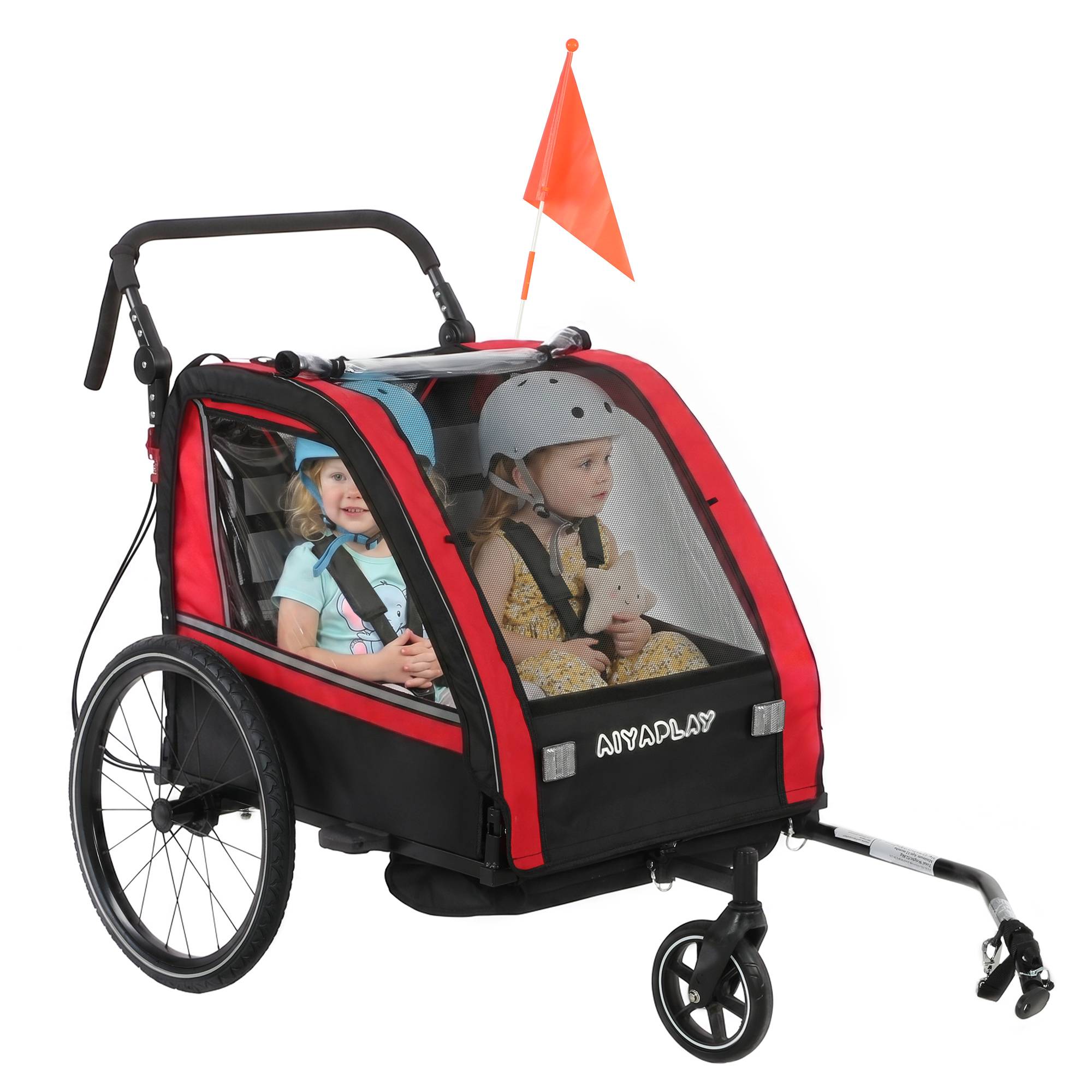 Remorque vélo enfant 2 en 1, poussette vélo bébé 2 places, guidon réglable, frein à main, ceinture de sécurité, rouge - Image 1