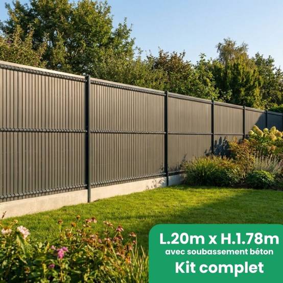 Kit complet grillage rigide occultant lattes composite avec soubassement longueur 20m - Hauteur 1m80 - Gris anthracite - Easy Clôture - Image 1