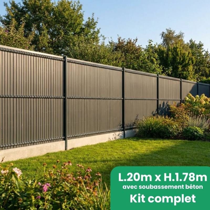 Kit complet grillage rigide occultant lattes composite avec soubassement longueur 20m - Hauteur 1m80 - Gris anthracite - Easy Clôture - Image 1