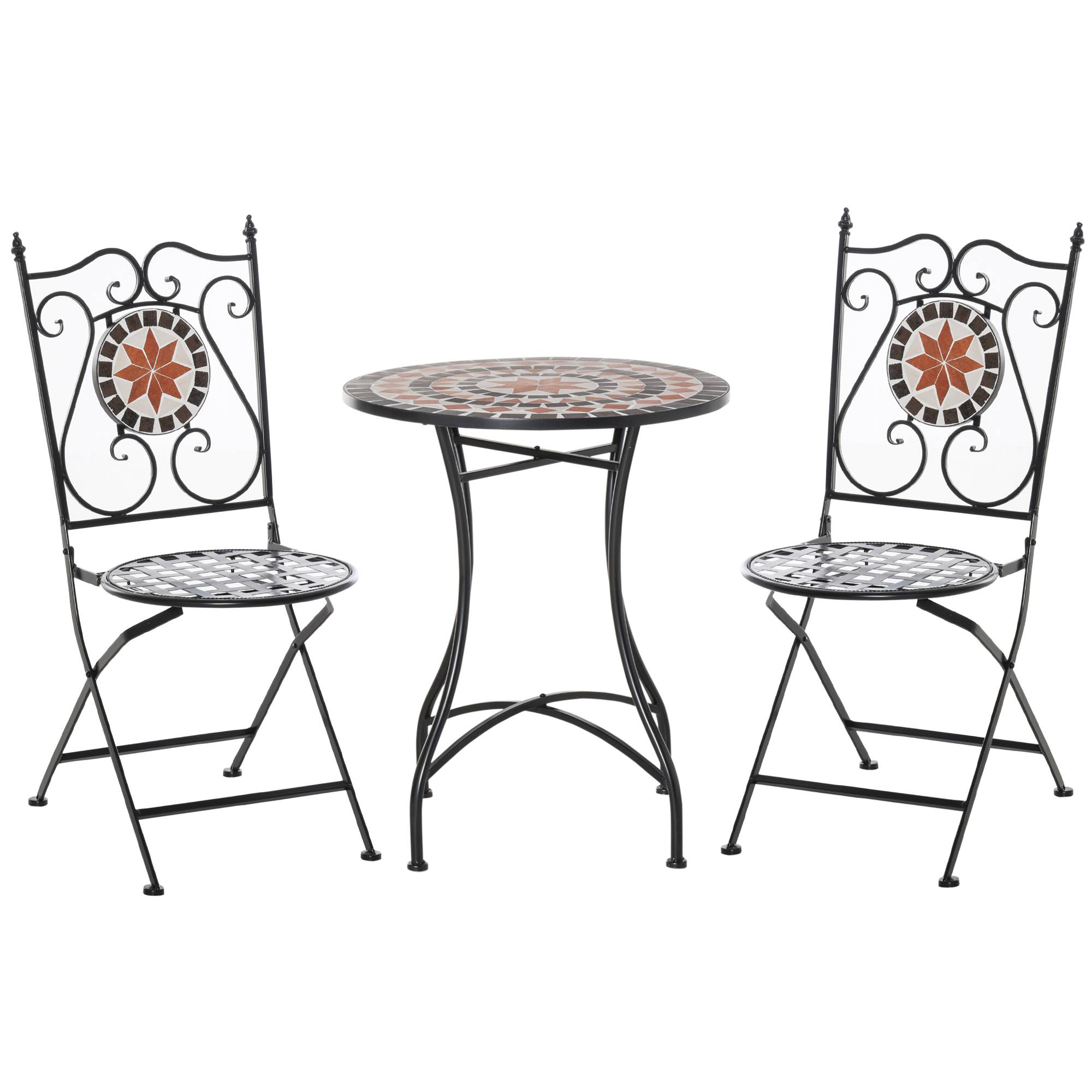 Ensemble Bistro 2 Places 3 pièces Style Fer forgé mosaïque céramique Motif Rose des Vents chaises Pliables - Image 1