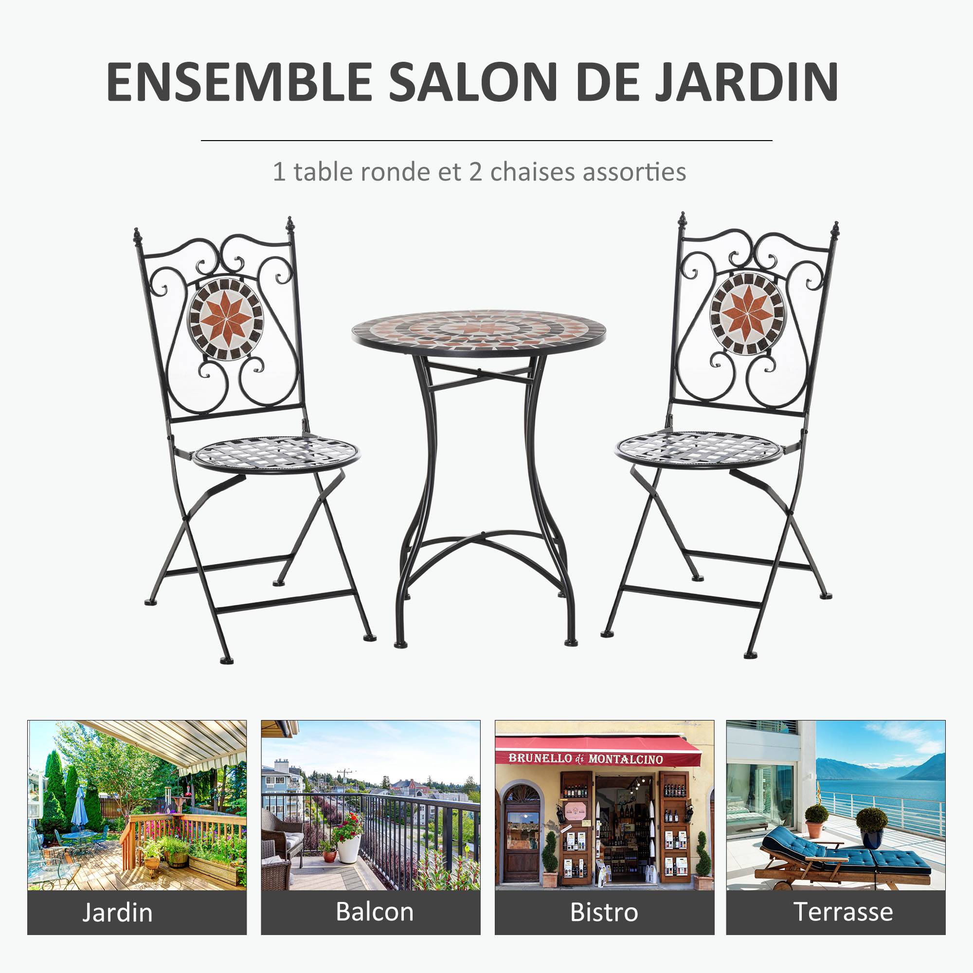 Ensemble Bistro 2 Places 3 pièces Style Fer forgé mosaïque céramique Motif Rose des Vents chaises Pliables - Image 5