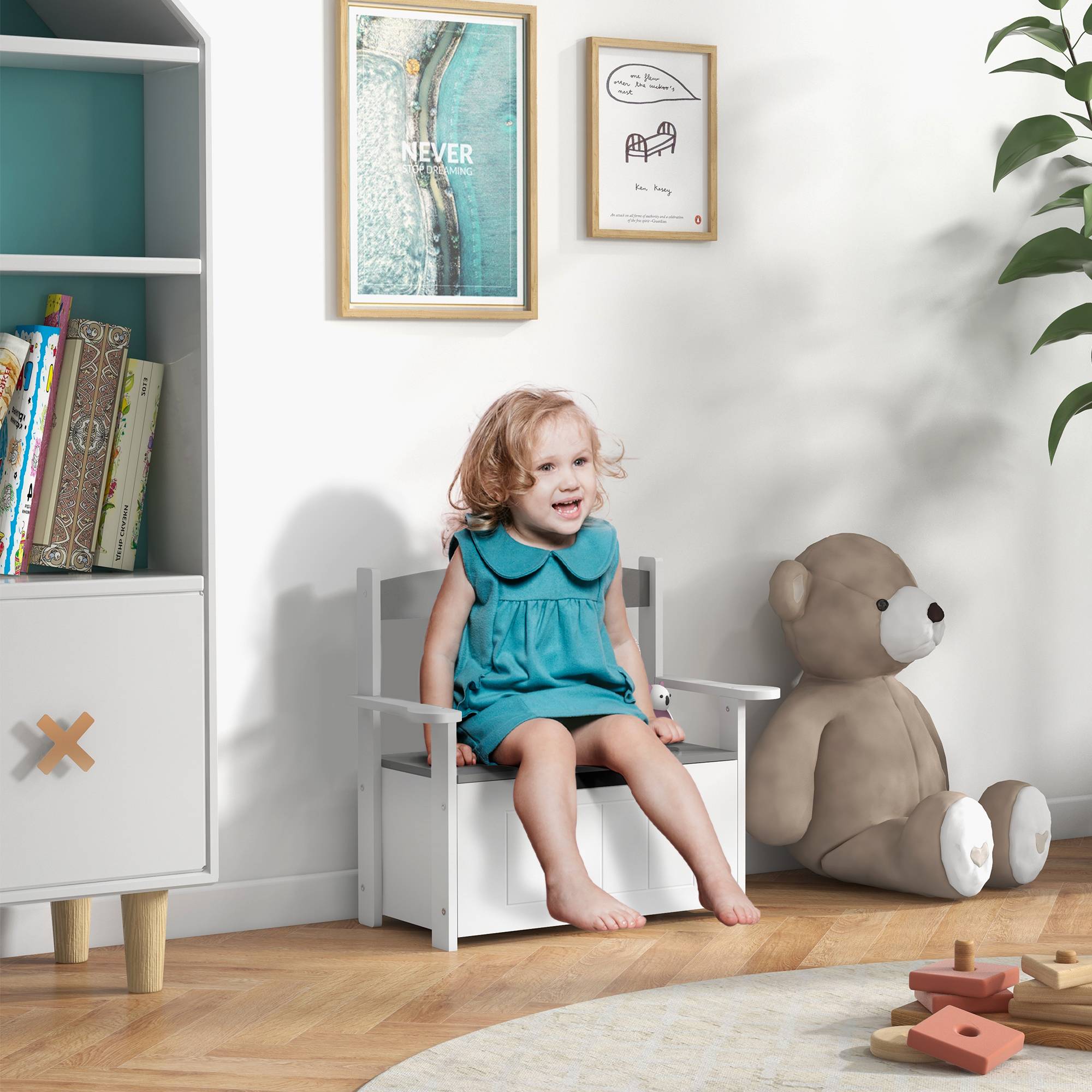 Banc de Rangement Enfant avec Dossier et Couvercle à Fermeture Douce, 30 kg, Salle de Jeux, 68,5 x 34 x 58 cm, Gris/Blanc - Image 3