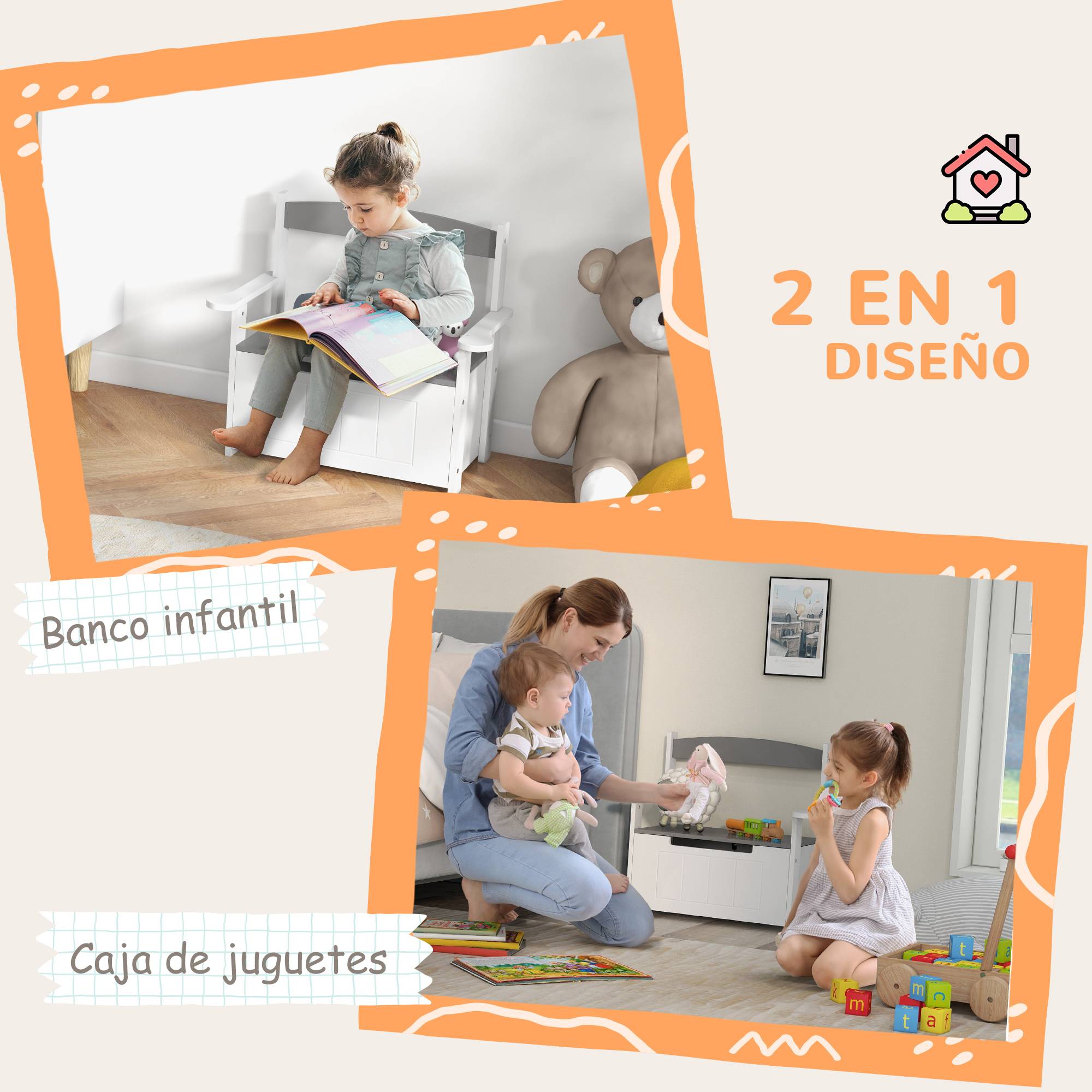 Banc de Rangement Enfant avec Dossier et Couvercle à Fermeture Douce, 30 kg, Salle de Jeux, 68,5 x 34 x 58 cm, Gris/Blanc - Image 6
