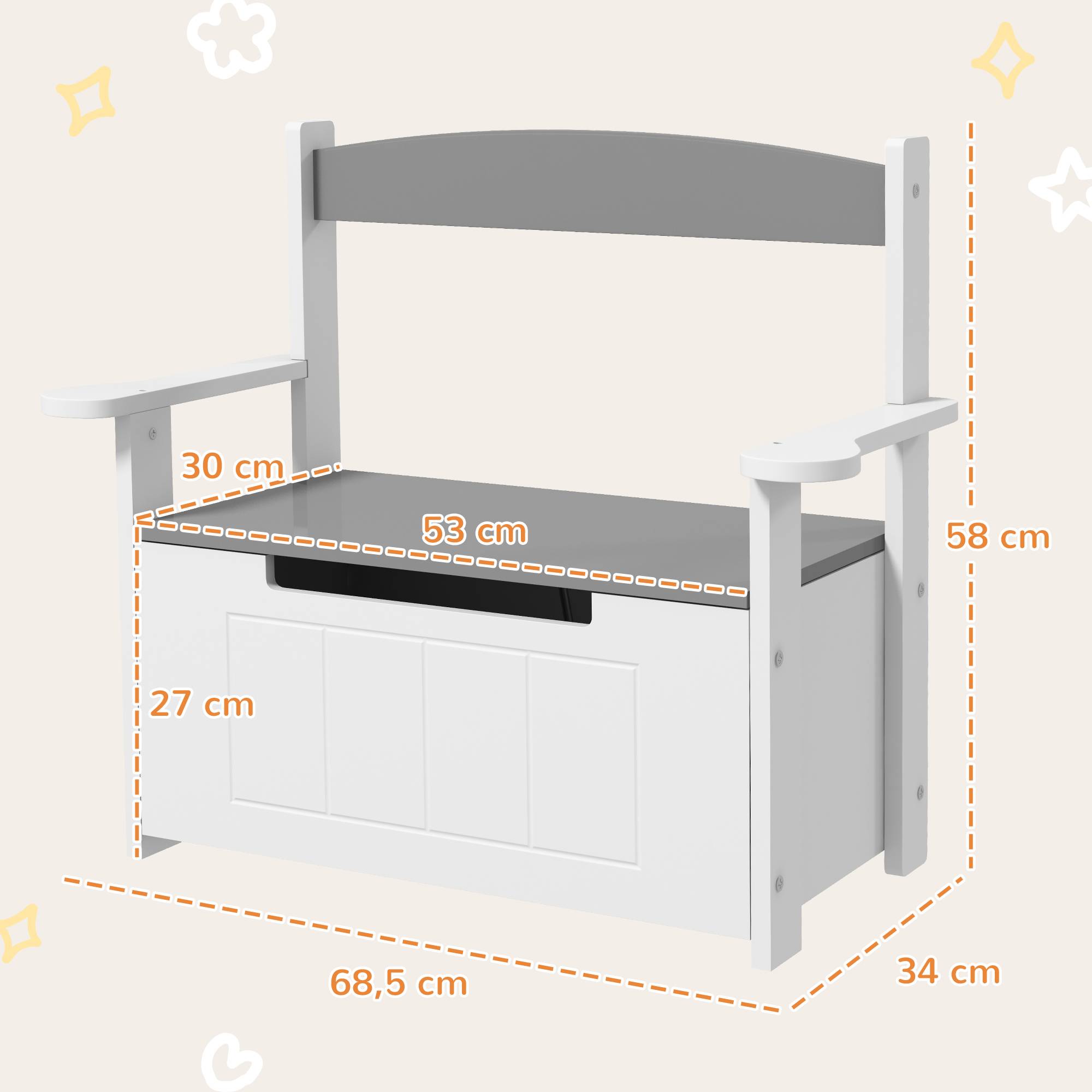 Banc de Rangement Enfant avec Dossier et Couvercle à Fermeture Douce, 30 kg, Salle de Jeux, 68,5 x 34 x 58 cm, Gris/Blanc - Image 5
