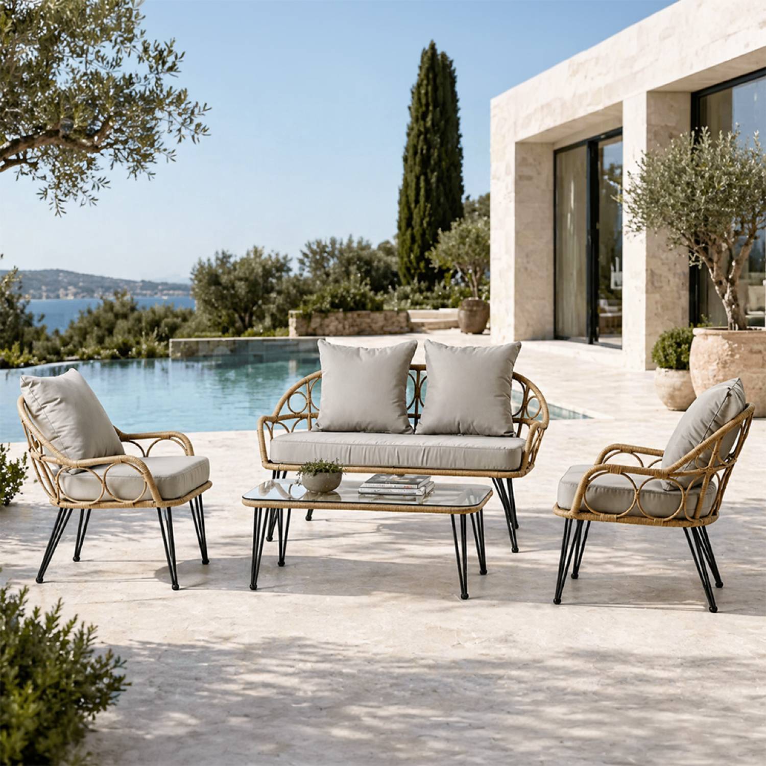 Salon de jardin 4 places avec table basse effet rotin naturel PORTO - Image 2