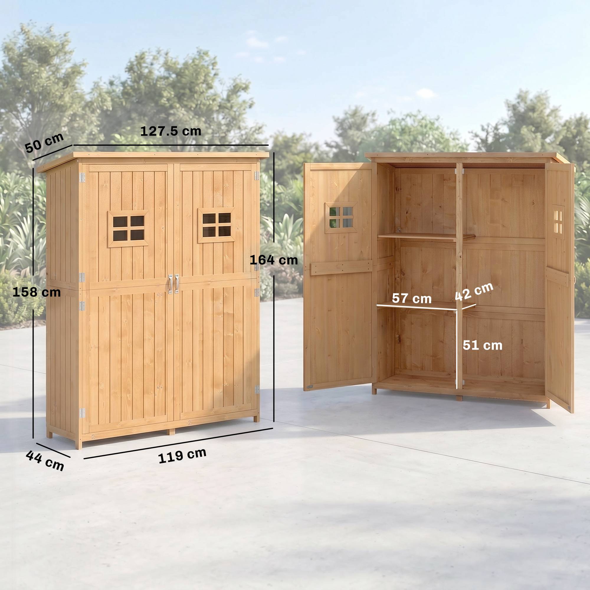 Abri de jardin en bois avec double porte, étagères et fenêtres, 127,5 x 50 x 164 cm - Image 5