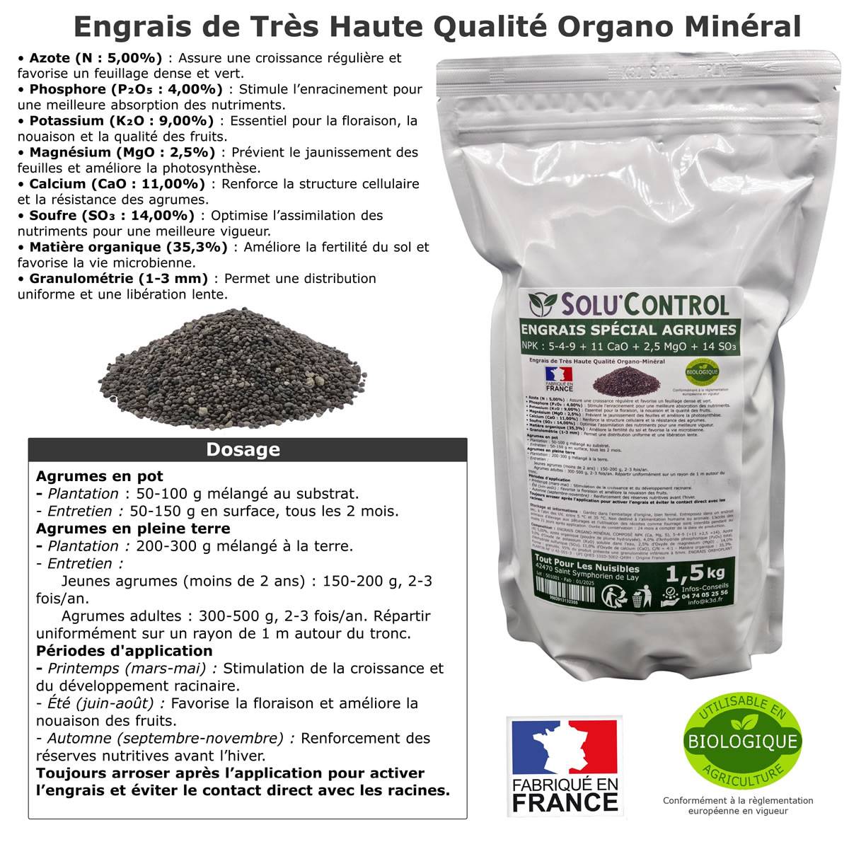 SOLU’CONTROL - Engrais Spécial Agrumes 1,5 kg - Formulation haute qualité Organo-Minerale - Citronnier, Oranger, Mandarinier, Clémentinier... - Image 2