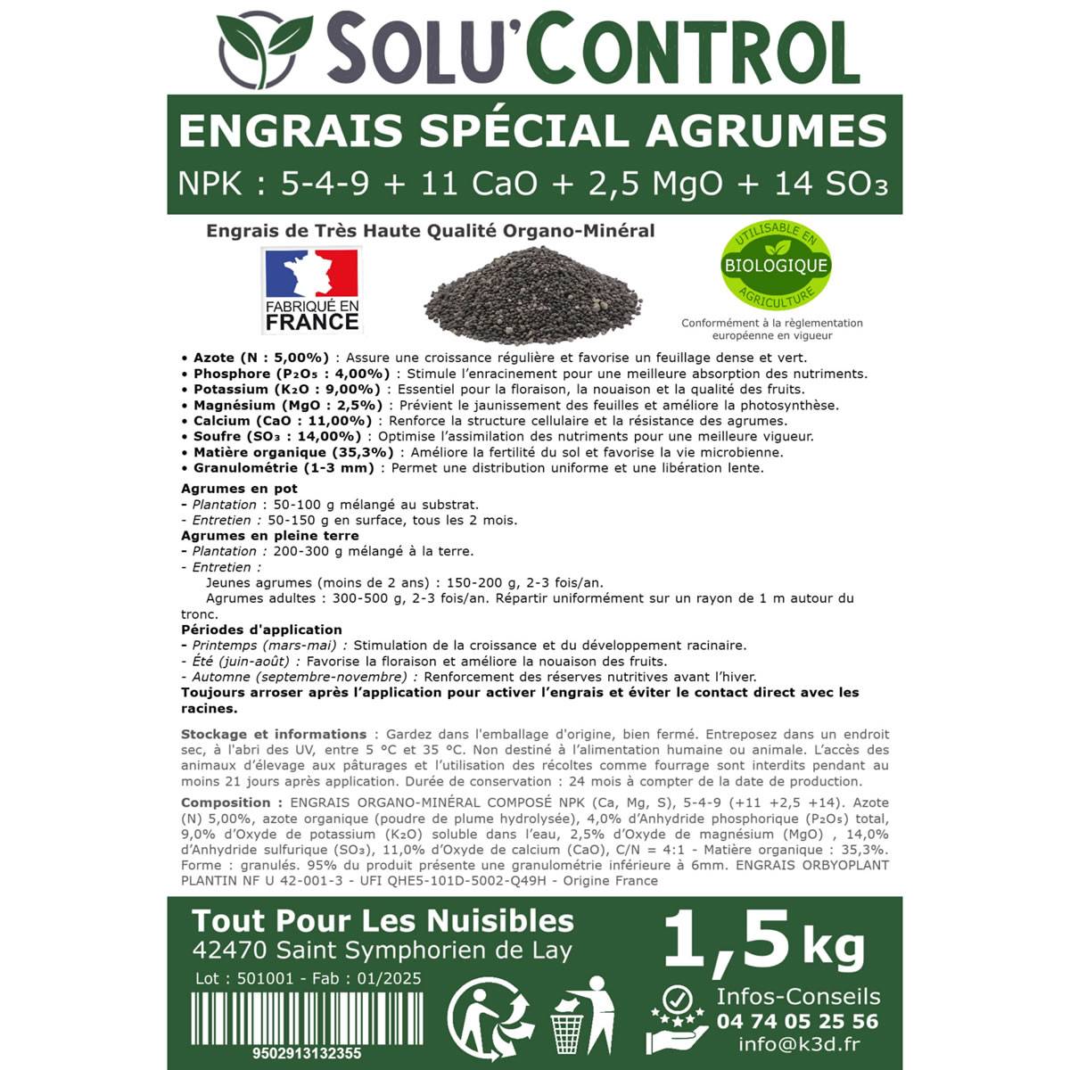 SOLU’CONTROL - Engrais Spécial Agrumes 1,5 kg - Formulation haute qualité Organo-Minerale - Citronnier, Oranger, Mandarinier, Clémentinier... - Image 3