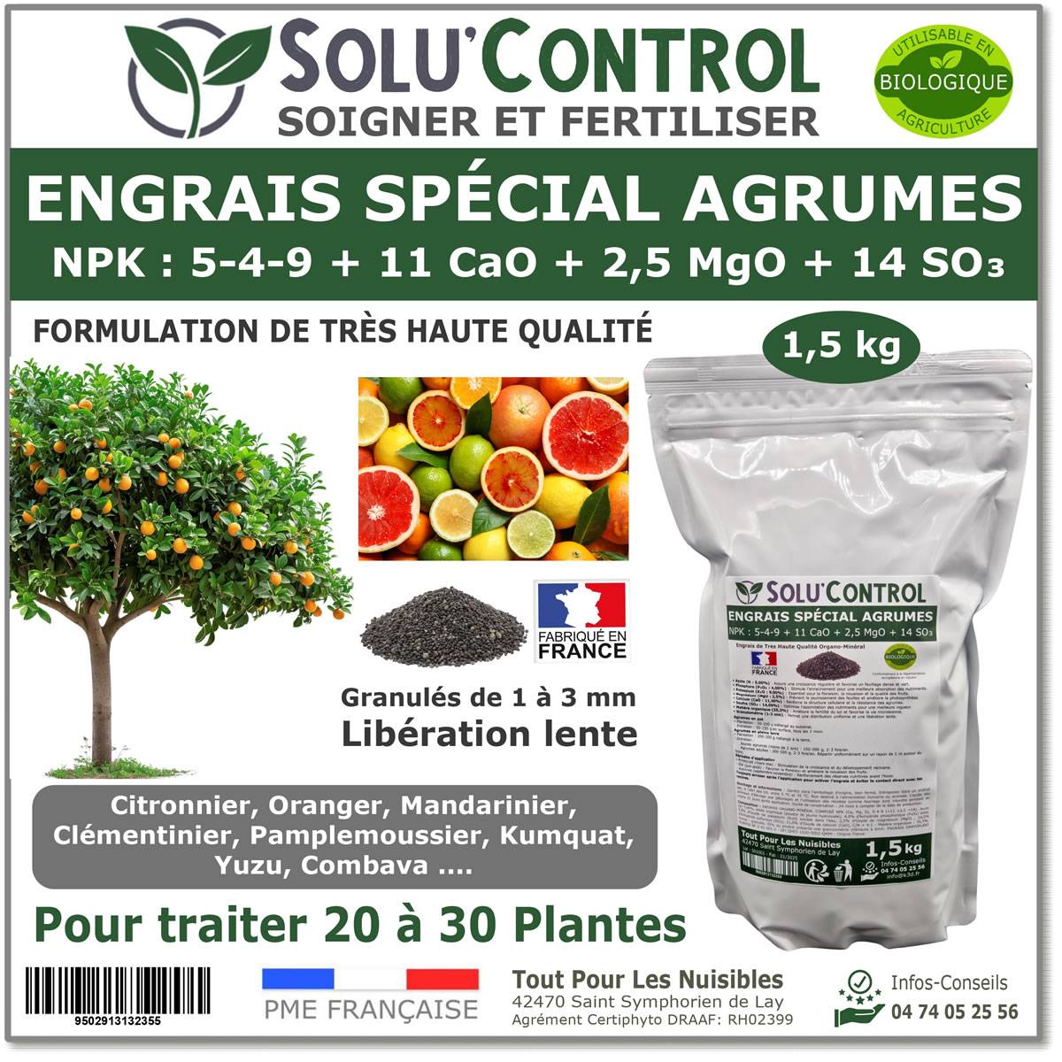 SOLU’CONTROL - Engrais Spécial Agrumes 1,5 kg - Formulation haute qualité Organo-Minerale - Citronnier, Oranger, Mandarinier, Clémentinier... - Image 1