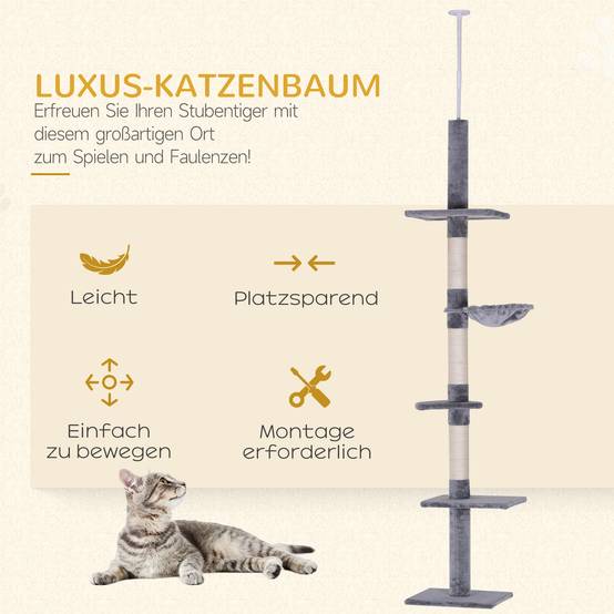 Arbre à chat multiniveau en sisal pour grands chats jeu et repos 40x34x260cm gris - ComfortXL Outdoor Living - Image 6