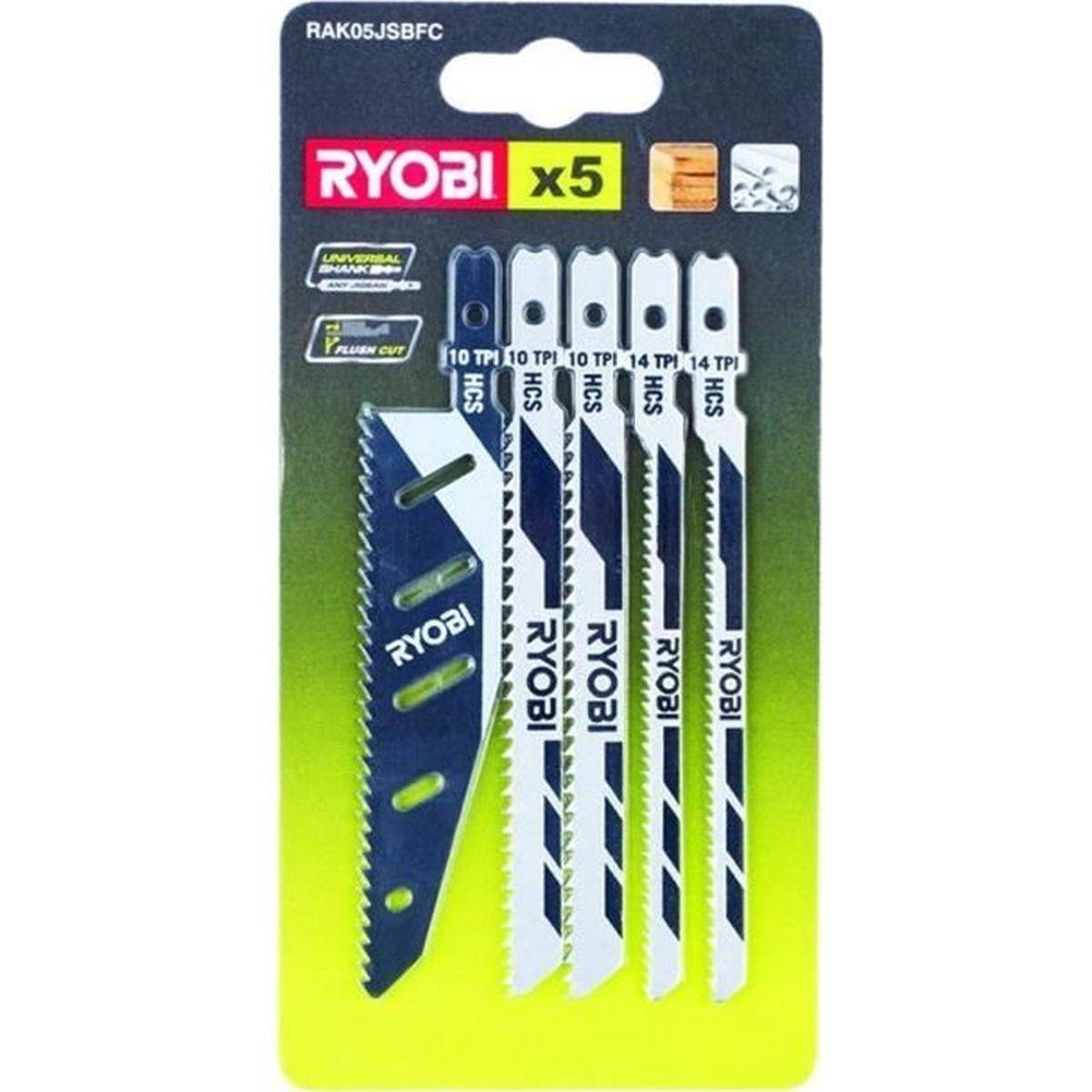 Lames de scie sauteuse bois RYOBI FLUSHCUT, set 5, 10 TPI, 14 TPI, T-shank, gris - RYOBI