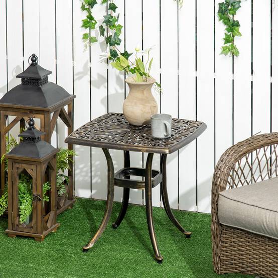 Sans Marque - Table jardin décorative style vintage trou parasol aluminium moulé bronze 54x54x52,5 cm - Image 3