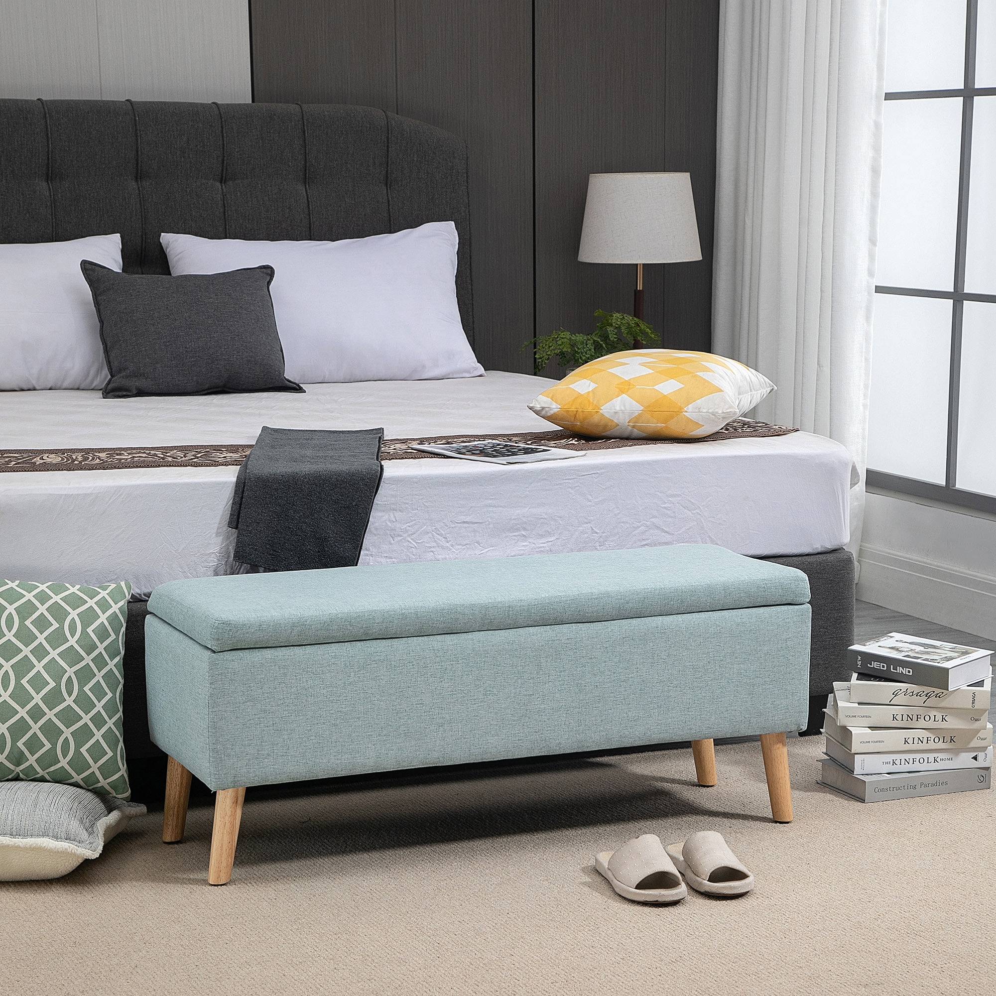 Banc de rangement, banquette capitonnée aspect lin, coffre de rangement avec pieds en bois, banc coffre pour salon,110 x 39 x 45 cm, vert clair - Image 3