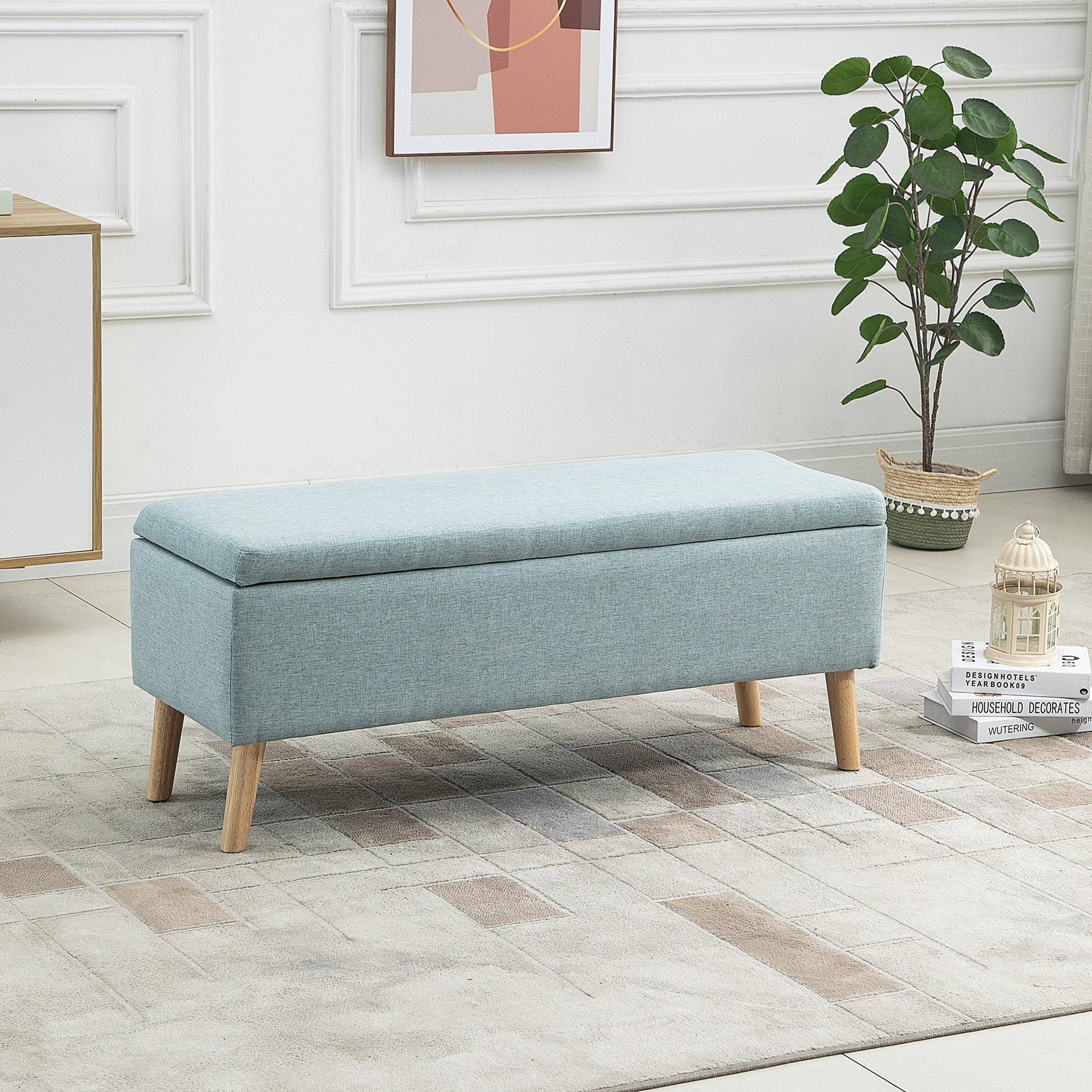Banc de rangement, banquette capitonnée aspect lin, coffre de rangement avec pieds en bois, banc coffre pour salon,110 x 39 x 45 cm, vert clair - Image 4