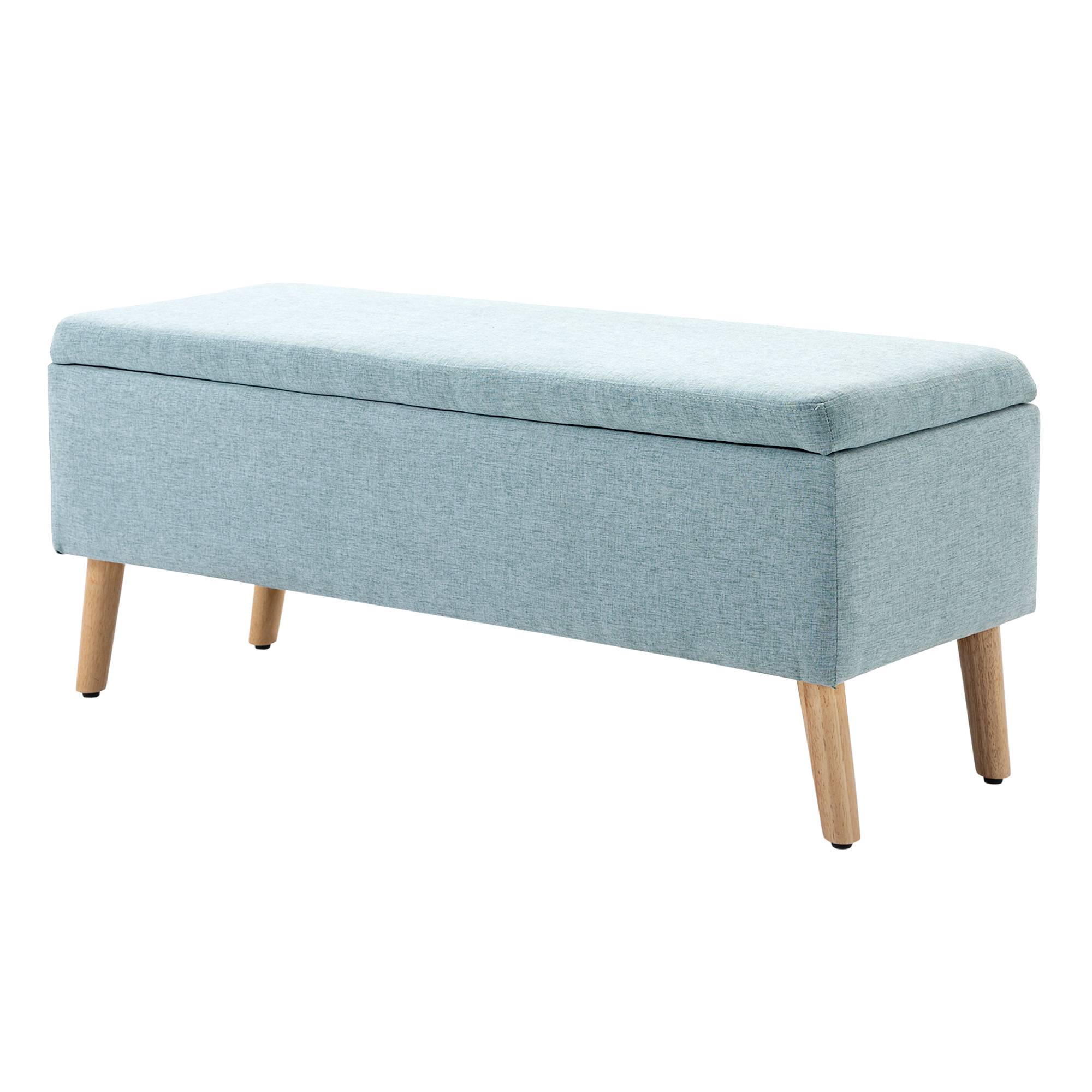 Banc de rangement, banquette capitonnée aspect lin, coffre de rangement avec pieds en bois, banc coffre pour salon,110 x 39 x 45 cm, vert clair - Image 2