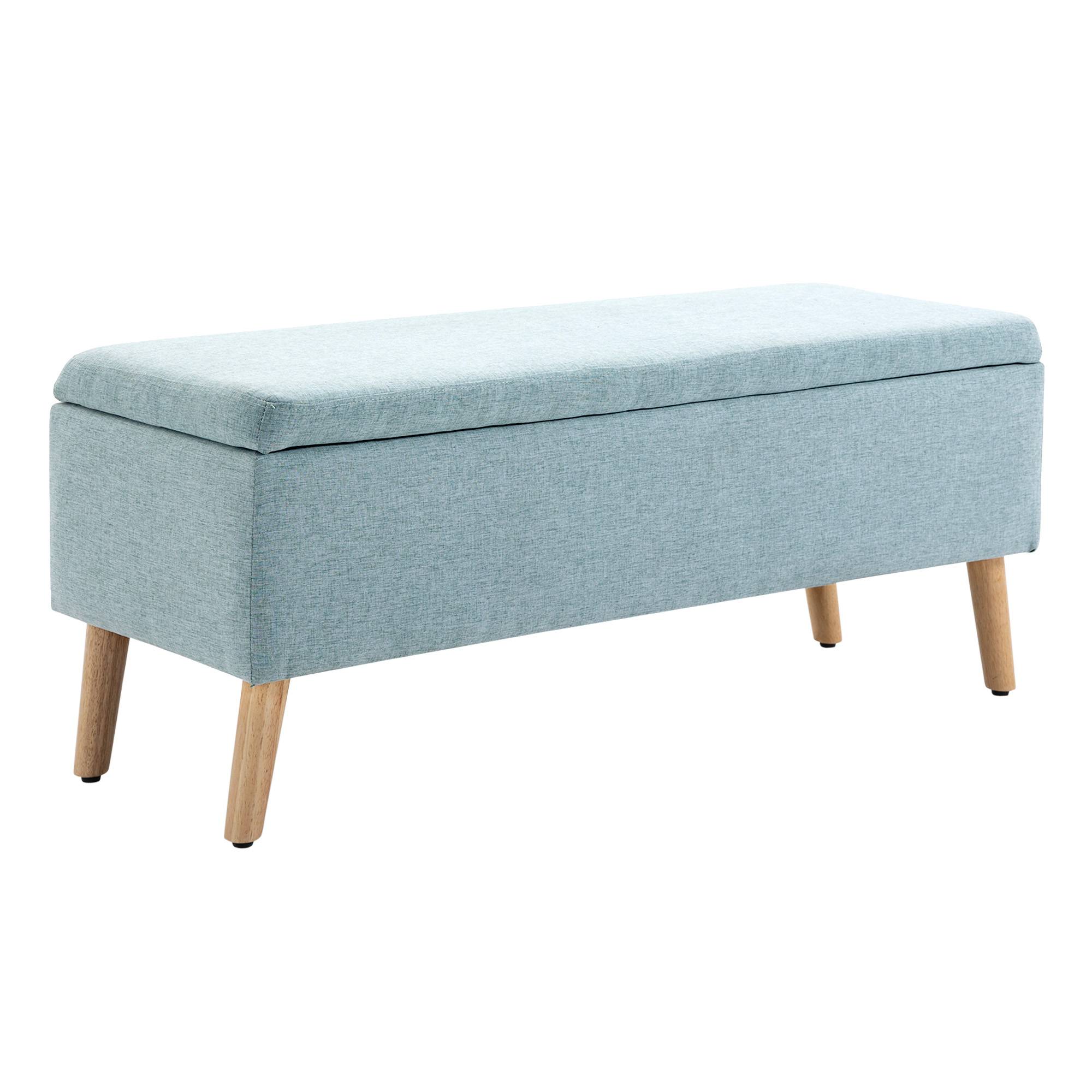 Banc de rangement, banquette capitonnée aspect lin, coffre de rangement avec pieds en bois, banc coffre pour salon,110 x 39 x 45 cm, vert clair