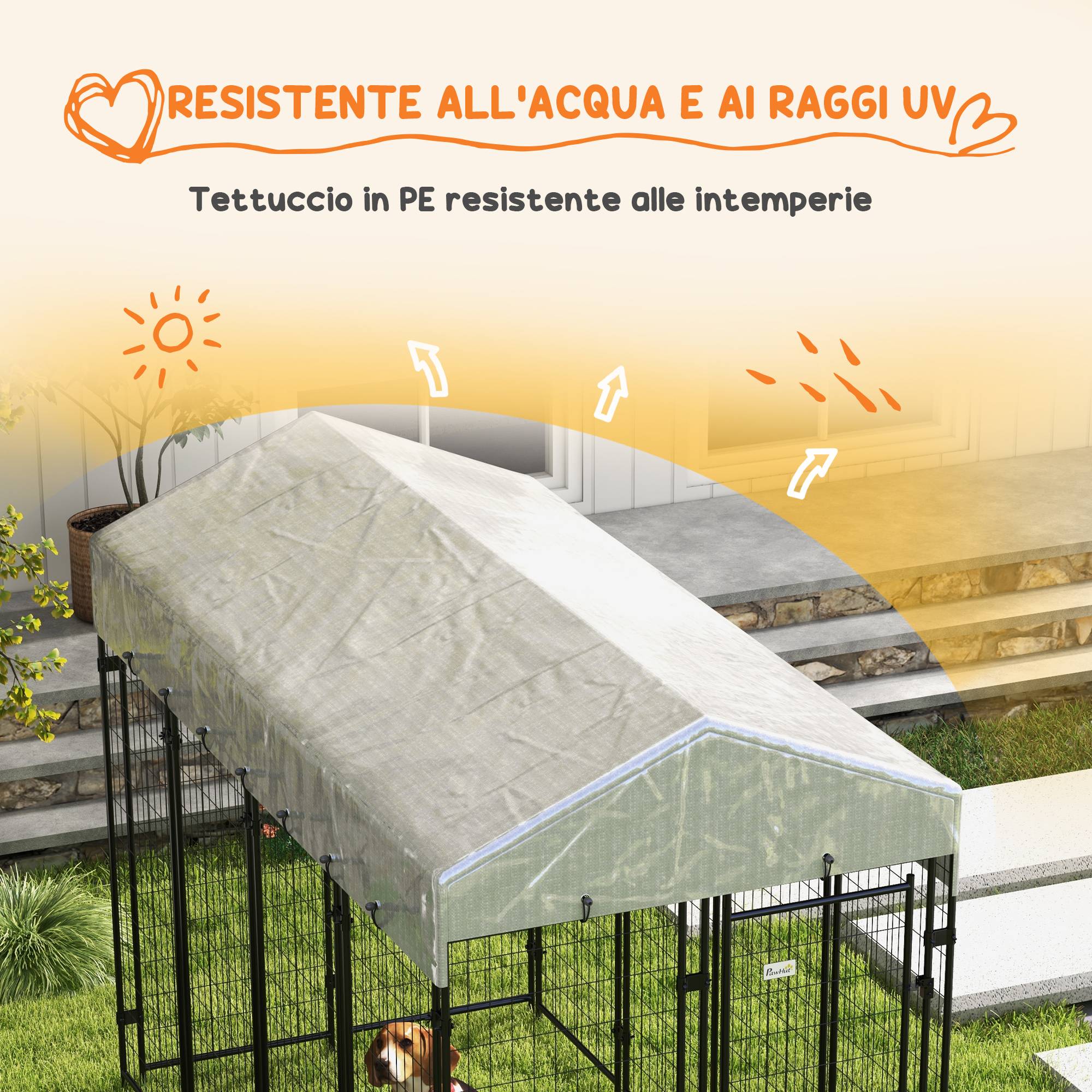 Parc extérieur pour chien avec toit et porte métallique à 2 sections, 239 x 121 x 183 cm, argent - Image 7