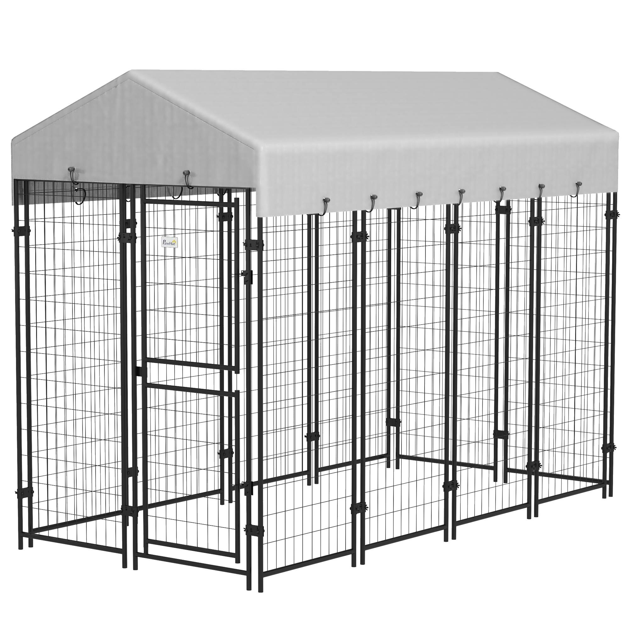 Parc extérieur pour chien avec toit et porte métallique à 2 sections, 239 x 121 x 183 cm, argent - Image 2
