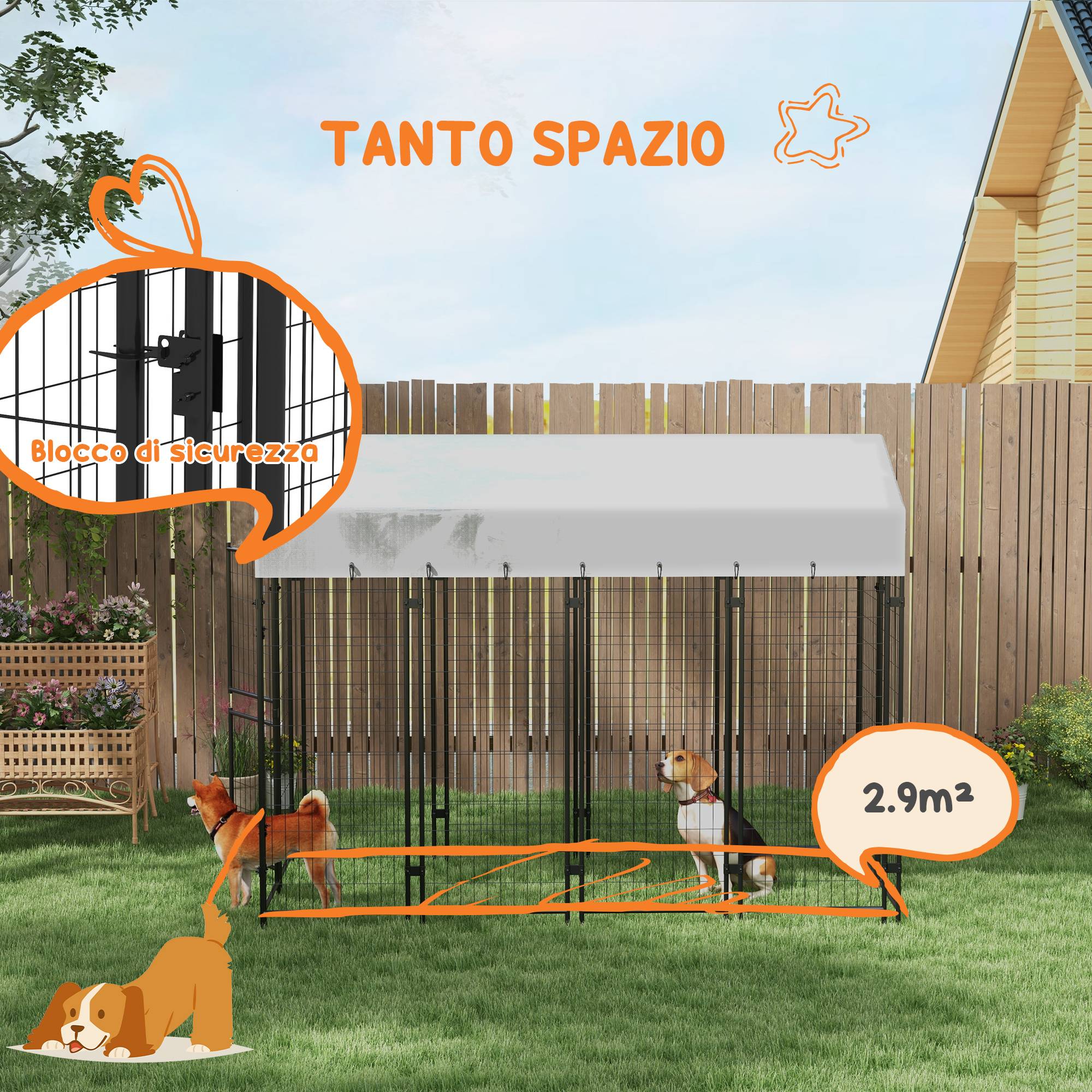 Parc extérieur pour chien avec toit et porte métallique à 2 sections, 239 x 121 x 183 cm, argent - Image 10