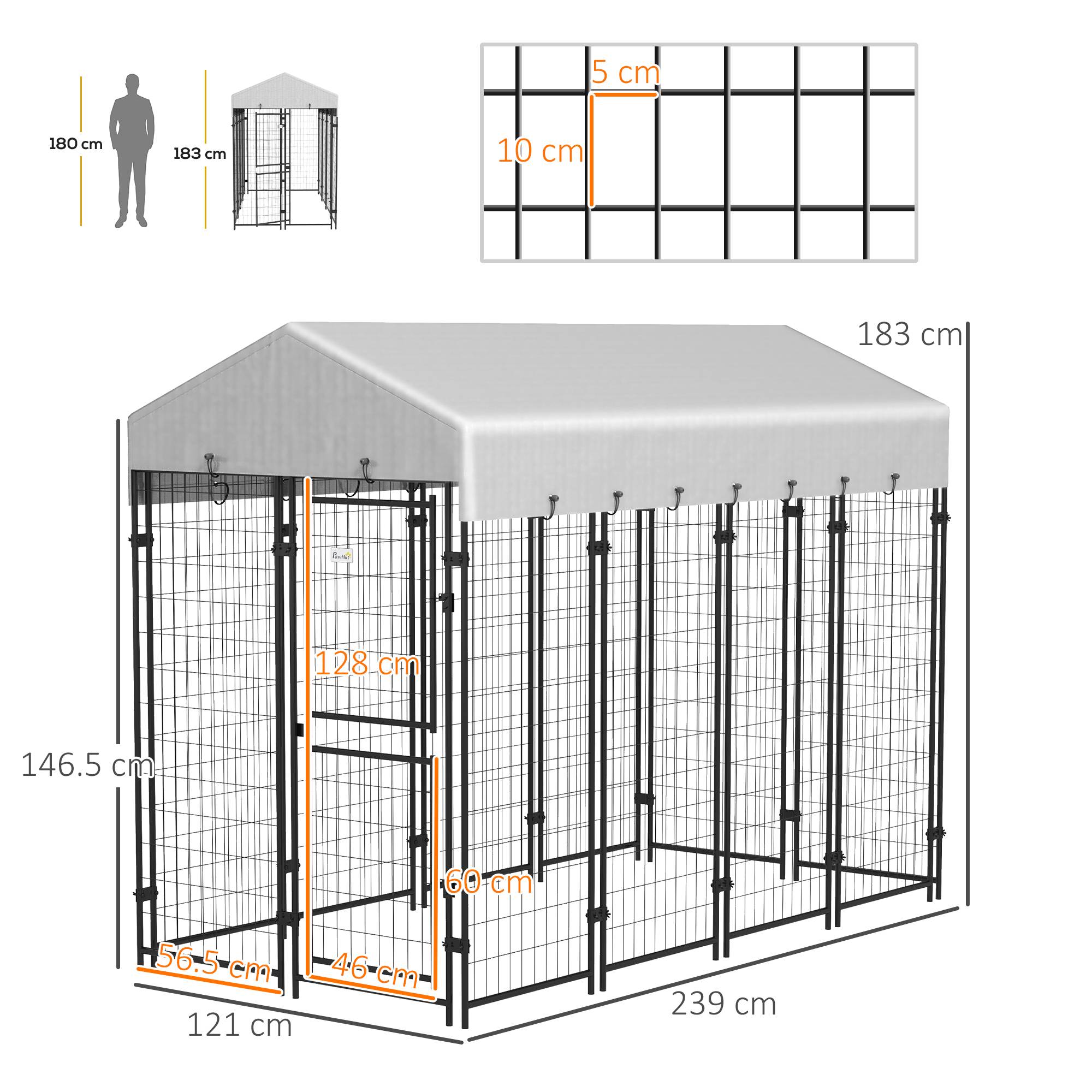 Parc extérieur pour chien avec toit et porte métallique à 2 sections, 239 x 121 x 183 cm, argent - Image 5