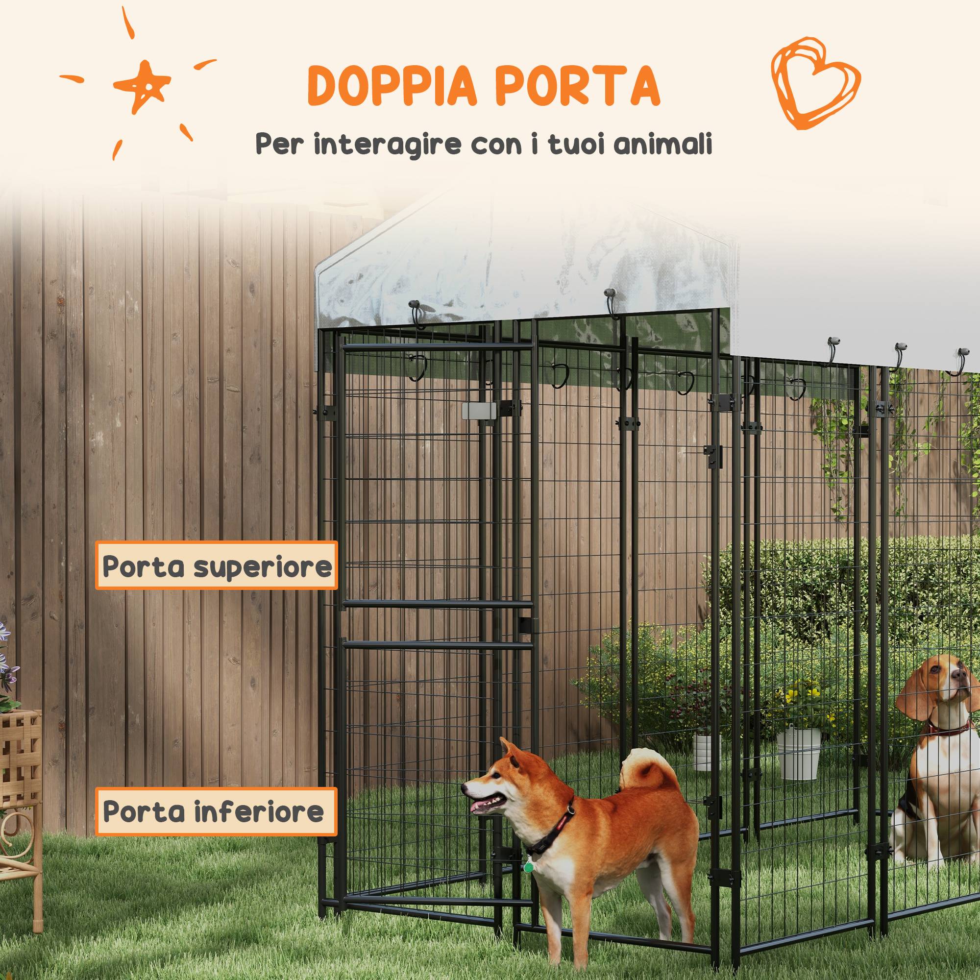 Parc extérieur pour chien avec toit et porte métallique à 2 sections, 239 x 121 x 183 cm, argent - Image 8