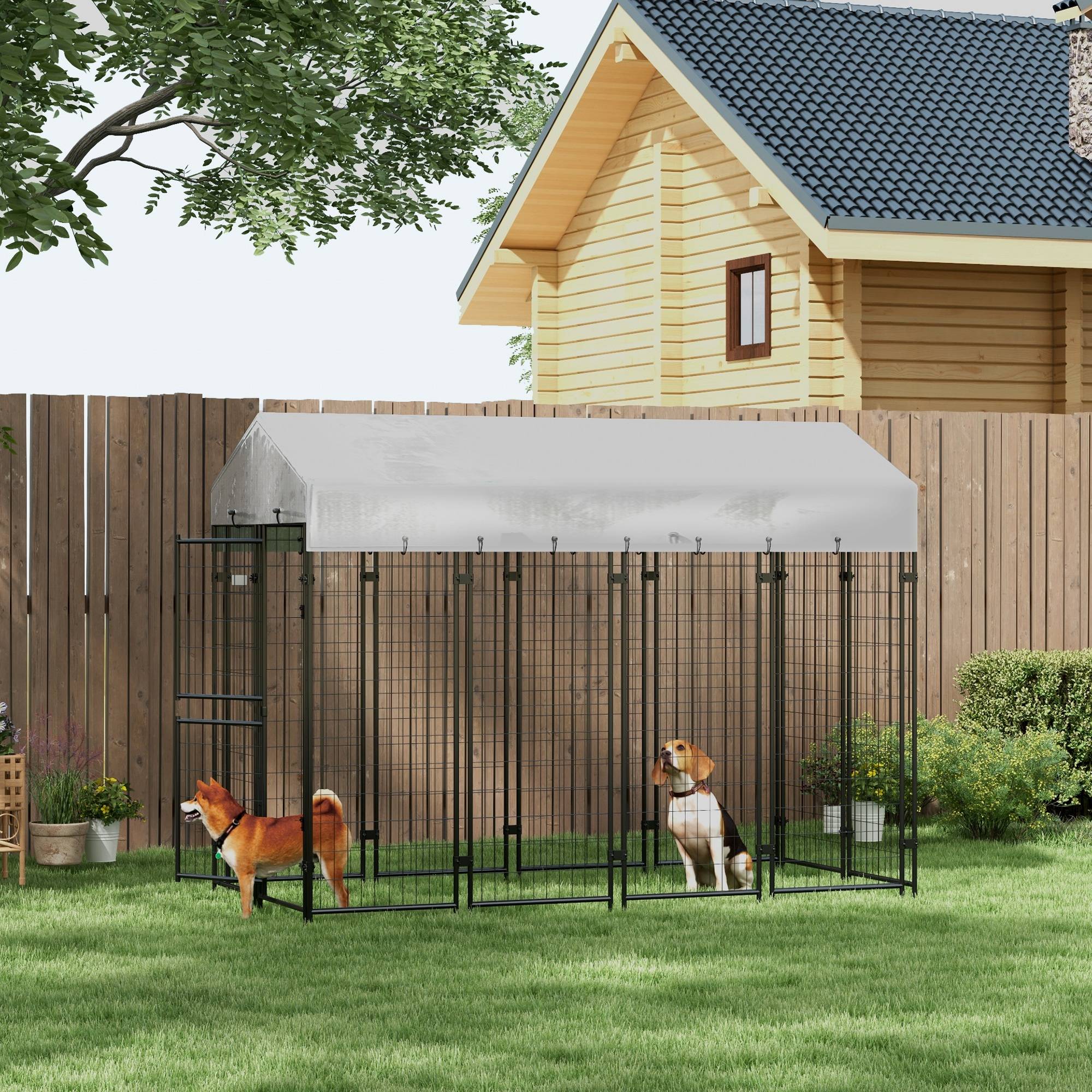 Parc extérieur pour chien avec toit et porte métallique à 2 sections, 239 x 121 x 183 cm, argent - Image 3