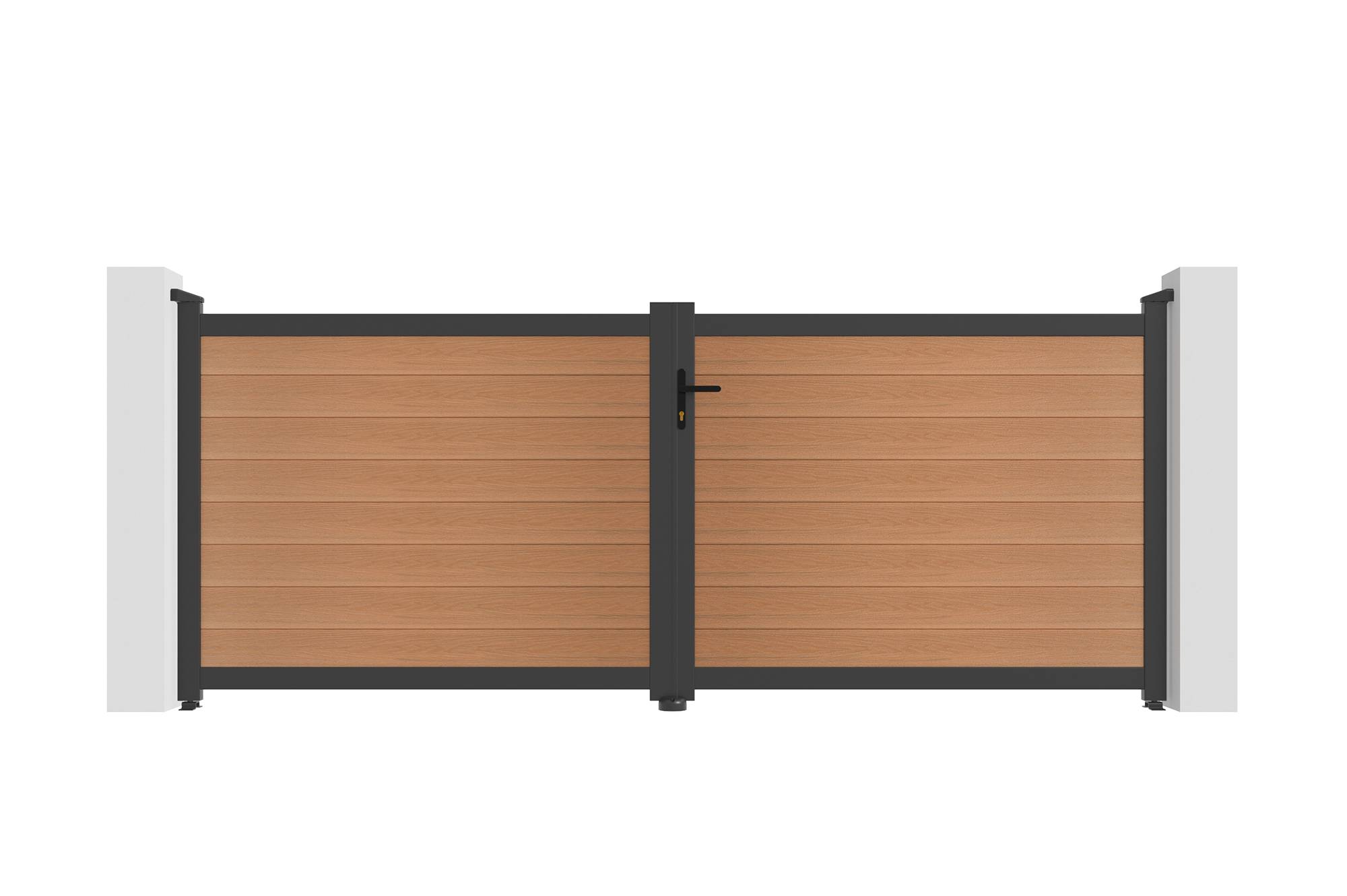 Casanoov Portail bois composite battant 3,5m ATHOS H.140cm teck avec cadre aluminium + 2 poteaux EIFEL aluminium 10x10cm - Image 5
