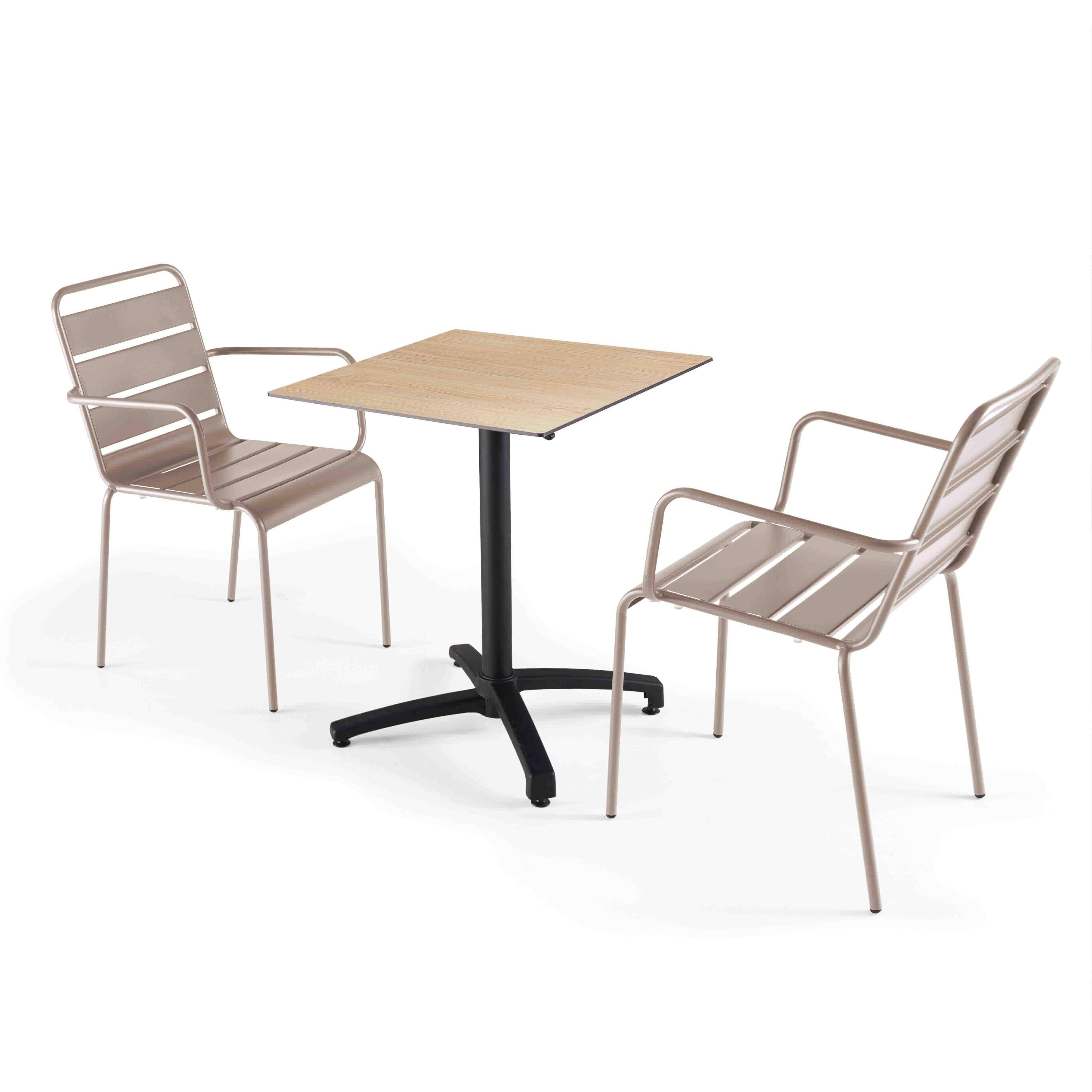 Oviala - Ensemble table de terrasse stratifié en chene et 2 fauteuils taupe - Oviala - Image 1