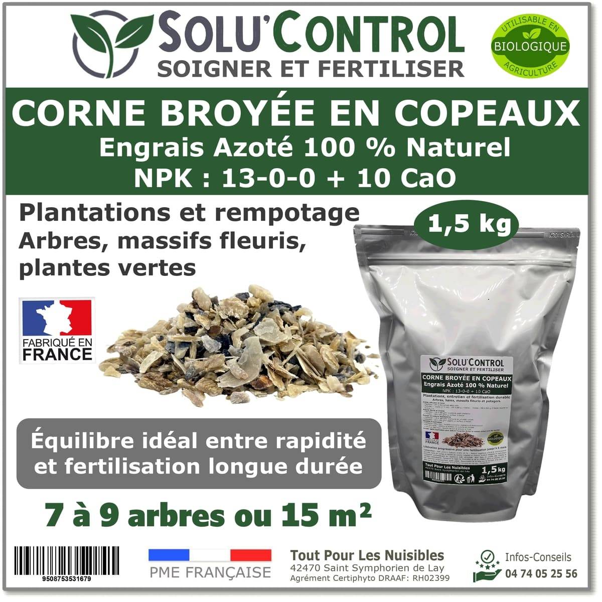 SOLU’CONTROL - 1,5 kg de Corne Broyée en Copeaux - Engrais Azoté 100 % Naturel - Fertilisation Équilibrée pour Arbustes, Haies et Massifs Fleuris - Image 1