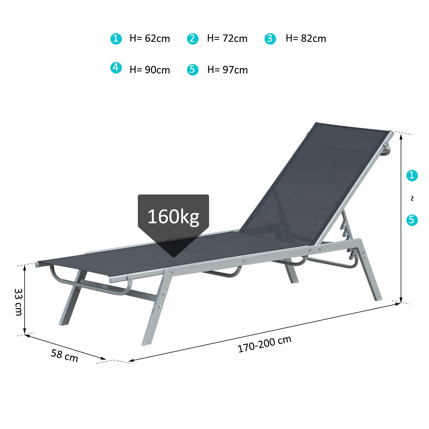 Outsunny - Bain de soleil transat design contemporain - dossier inclinable multi-positions - métal époxy textilène noir - Outsunny - Image 3