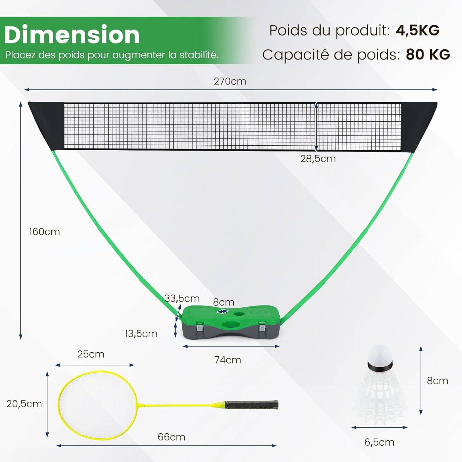 COSTWAY Set De Badminton Portable – Filet 3x1,5m, 4 Raquettes, 2 Volants, Base Rangement, Sac Transport