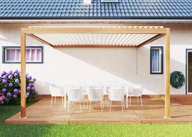 Pergola Bioclimatique Aluminium Adossée Aspect Bois 4x3,5 Manuelle S ORIAL France - Image 1