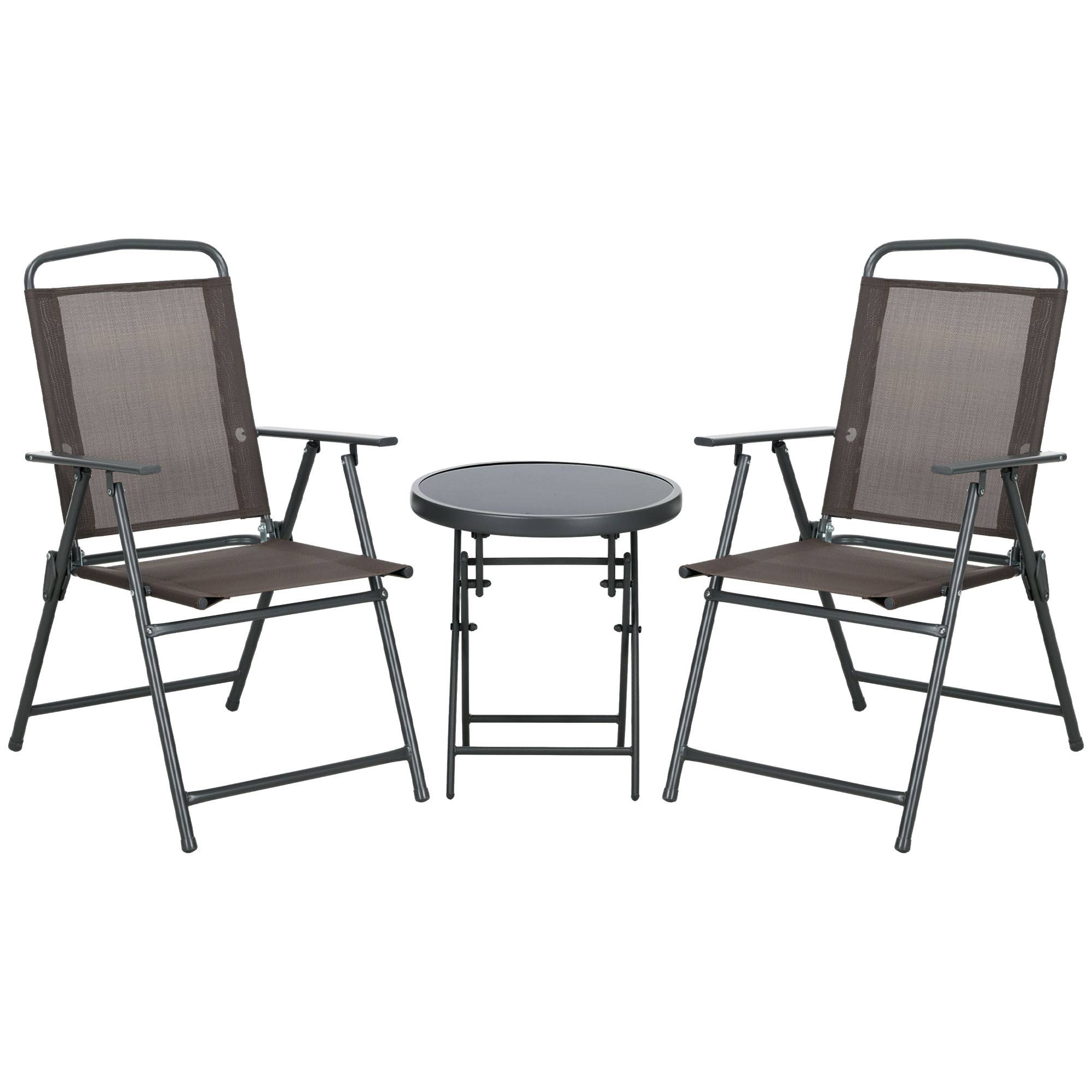 Ensemble bistro 3 pièces métal : résistant, table verre pliante + chaises, marron - Image 1