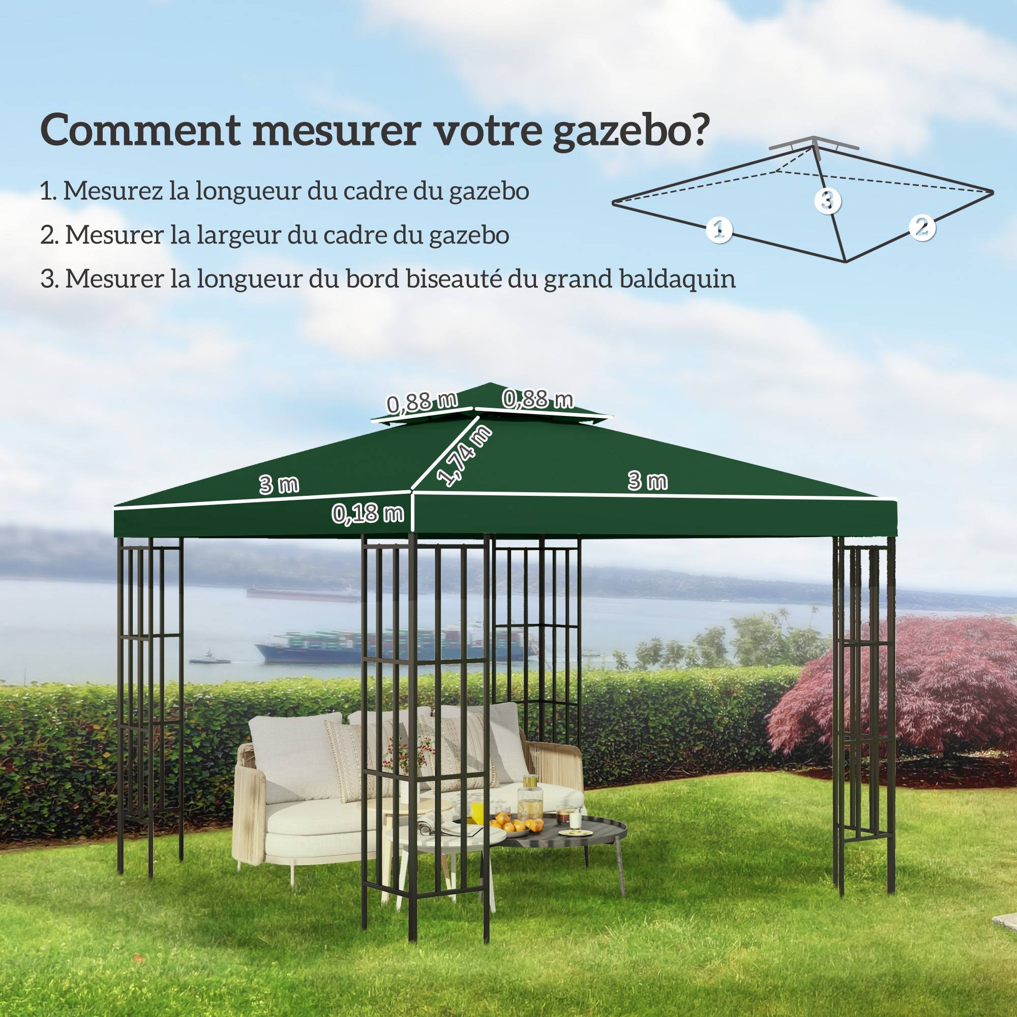 Toit de Remplacement pour Gazebo de Jardin Toile de Rechange pour pavillon tonnelle Tente 3 x 3 m Vert foncé - Image 5