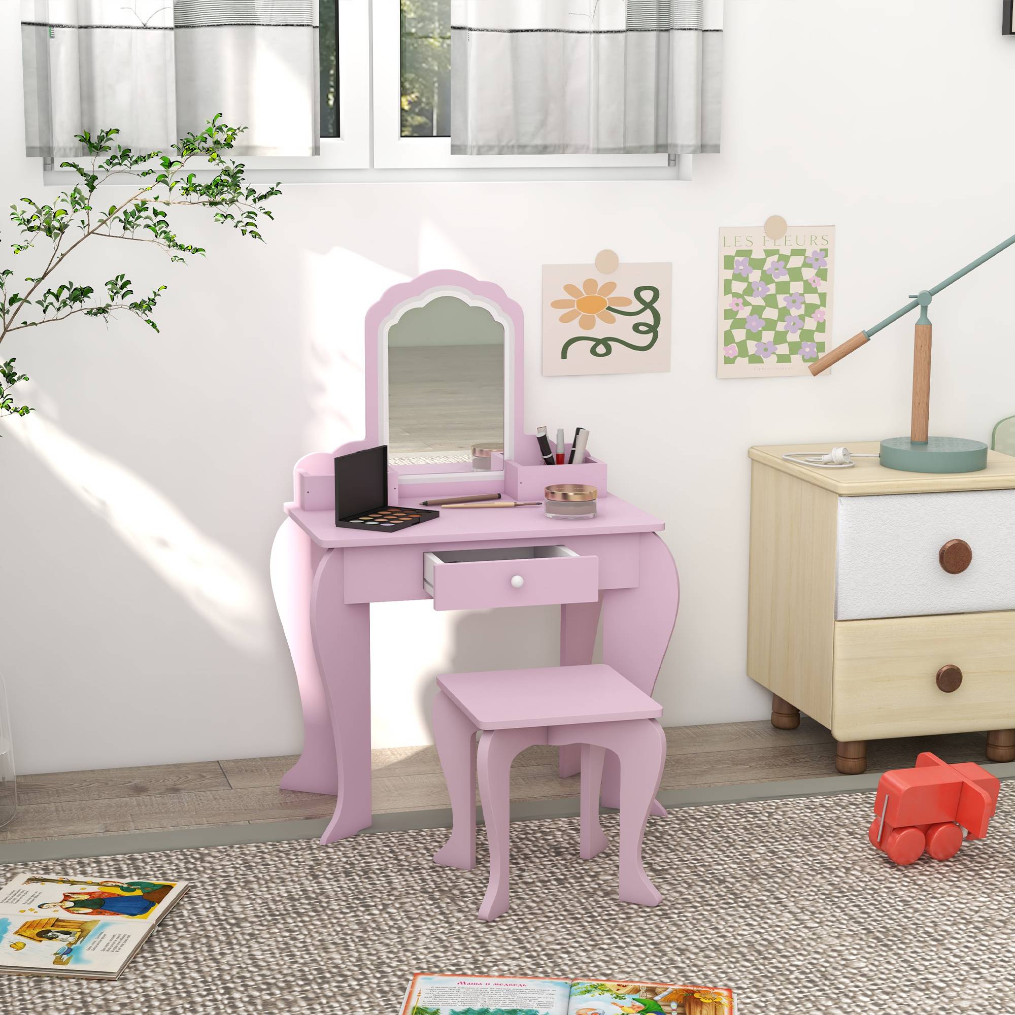 Sans Marque - Coiffeuse pour enfant avec tabouret et miroir, table de maquillage avec tiroir et 2 compartiments, 55x36x86cm, rose - Image 4