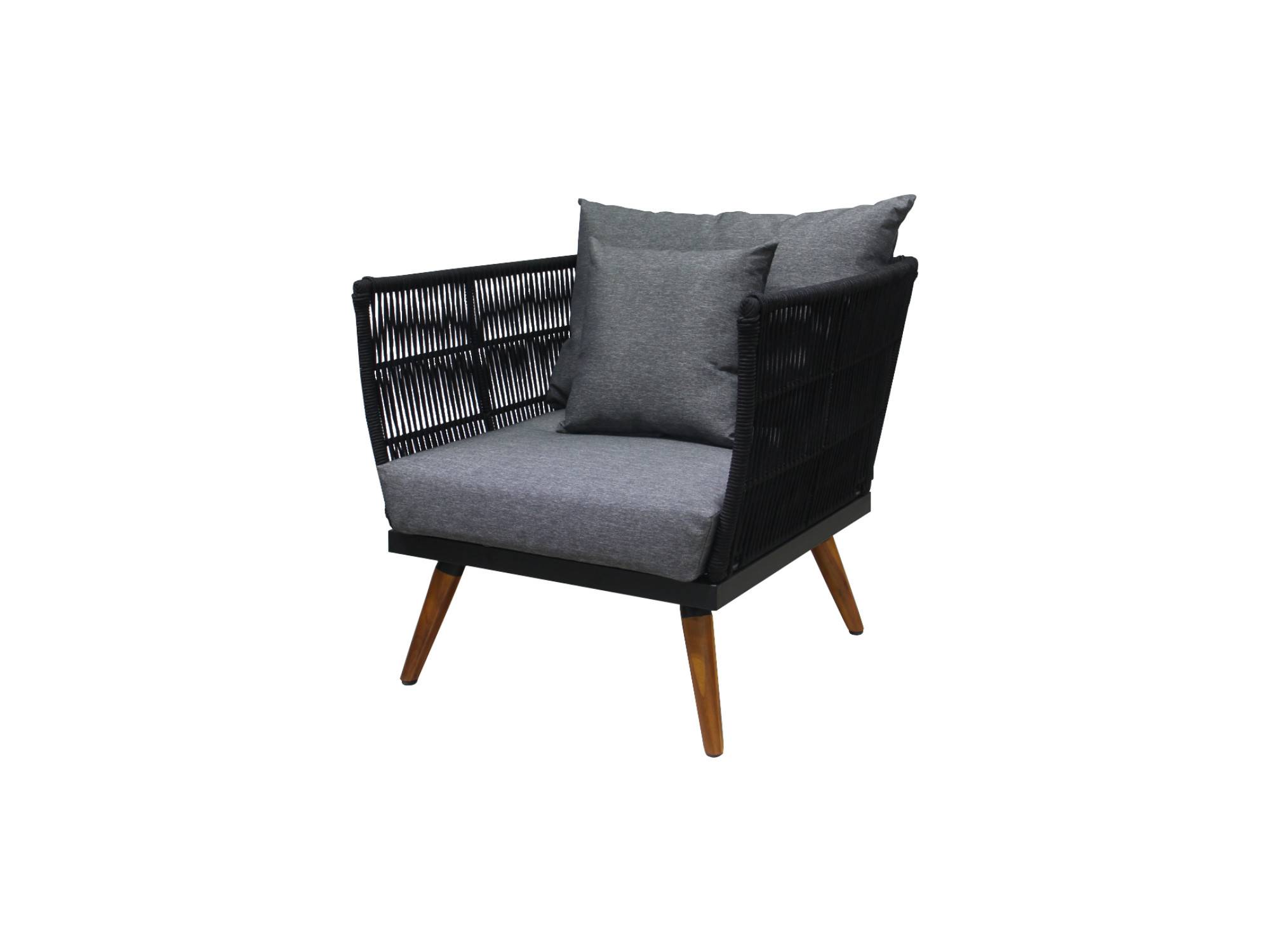 Best Mobilier - TIAGO - salon bas de jardin 4 places + table - corde et bois - noir et coussins gris - Best Mobilier - Image 5