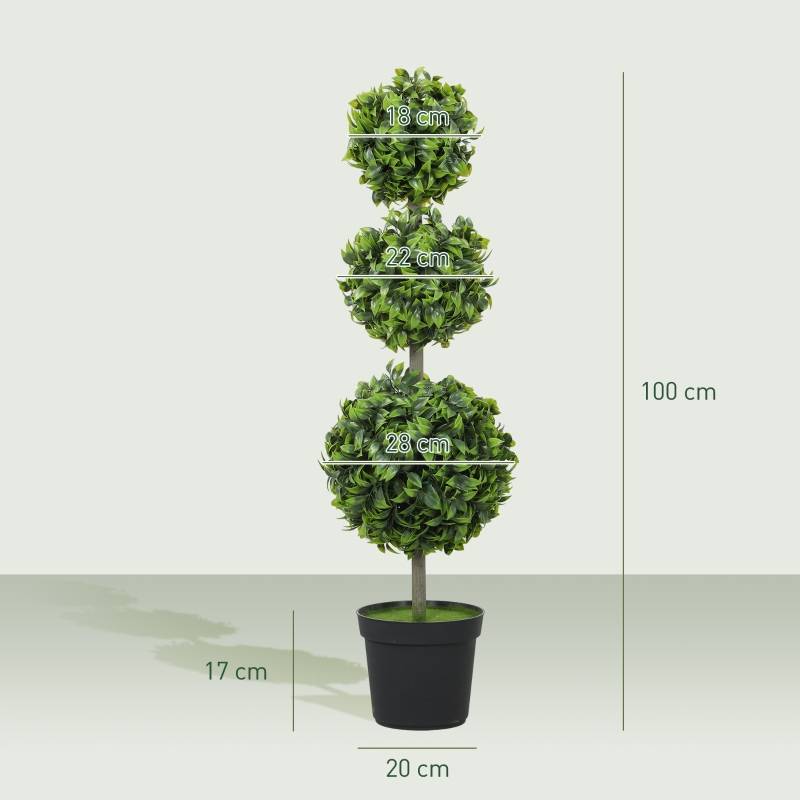 Lot 2 Buis Artificiels Topiaire 3 Boules Intérieur Extérieur Anti-UV 100cm Vert - ComfortXL Outdoor Living - Image 3