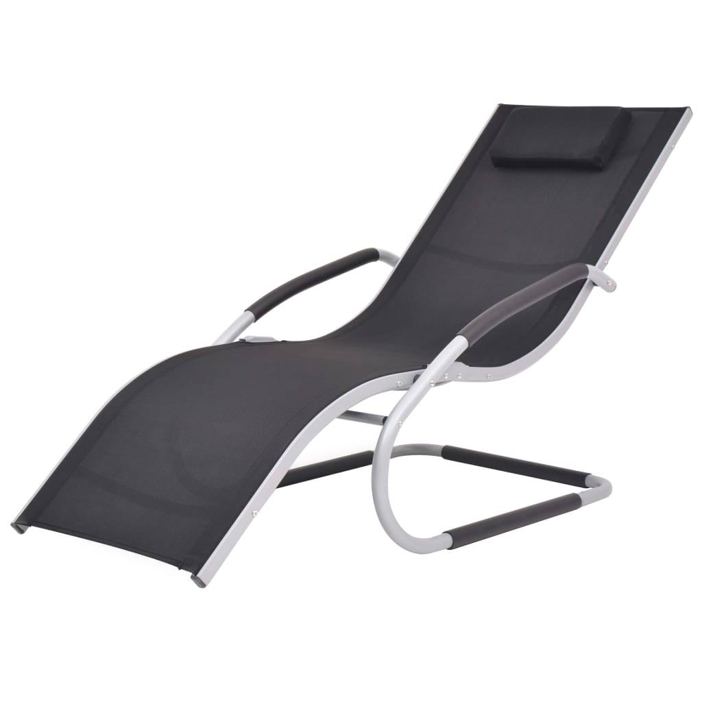 Helloshop26 - Transat chaise longue bain de soleil lit de jardin terrasse meuble d'extérieur avec oreiller aluminium et textilène noir - Image 1