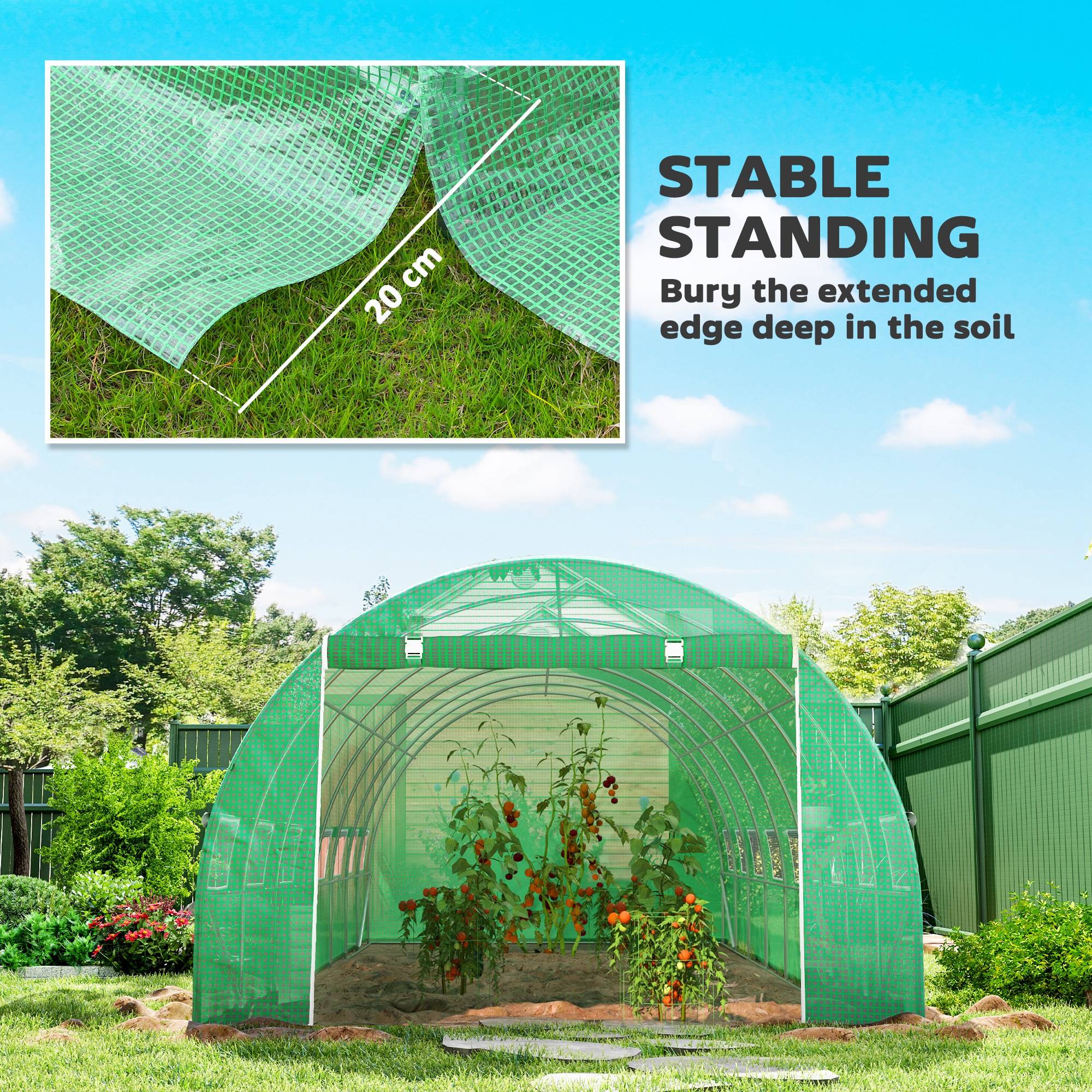 Outsunny - Serre de jardin tunnel 24m² (8x3x2m) 16 fenêtres porte zippée enroulable châssis acier galvanisé bâche PE haute densité vert - Outsunny - Image 9