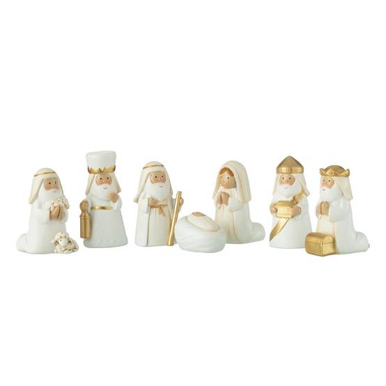 Crèche de Noël 7 Santons "Scène Nativité" 6cm Blanc & Or