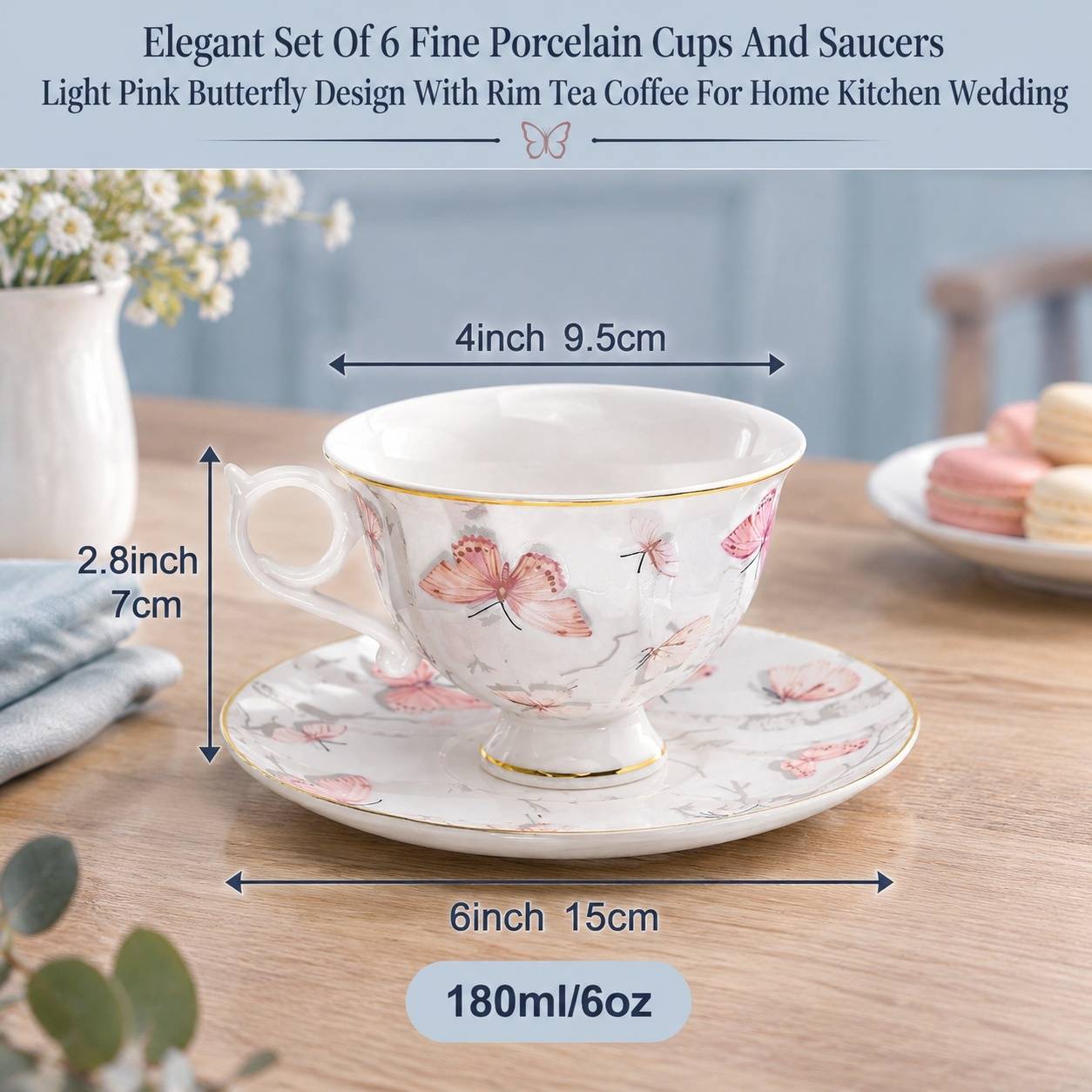 Service à Thé Café 6 Tasses Porcelaine Fine Design Papillon - Image 6