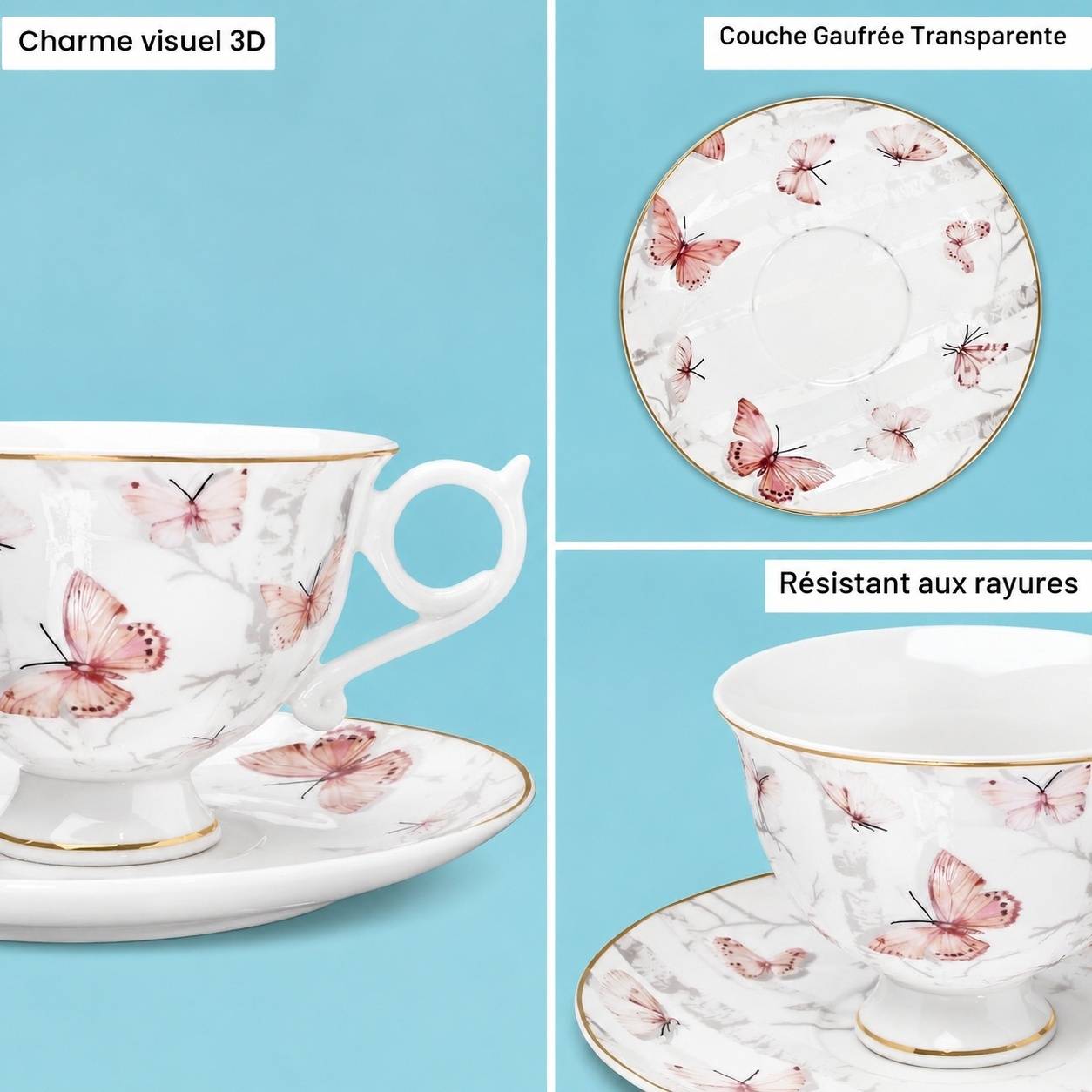 Service à Thé Café 6 Tasses Porcelaine Fine Design Papillon - Image 3