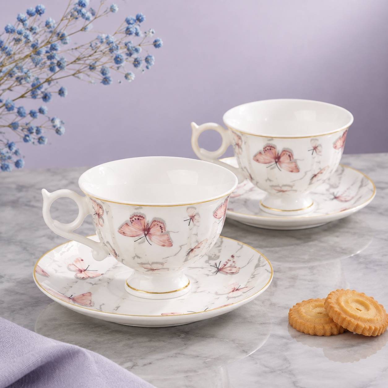 Service à Thé Café 6 Tasses Porcelaine Fine Design Papillon - Image 4
