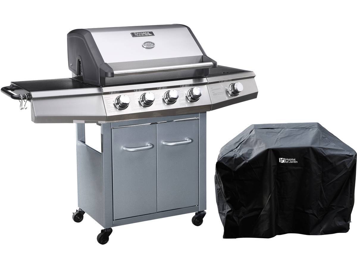 Barbecue Gaz Avec Led "bingo 5" - 5 Brûleurs Dont 1 Latéral - 15.2kw + Housse Protection - Argenté -habitat Et Jardin - Image 1
