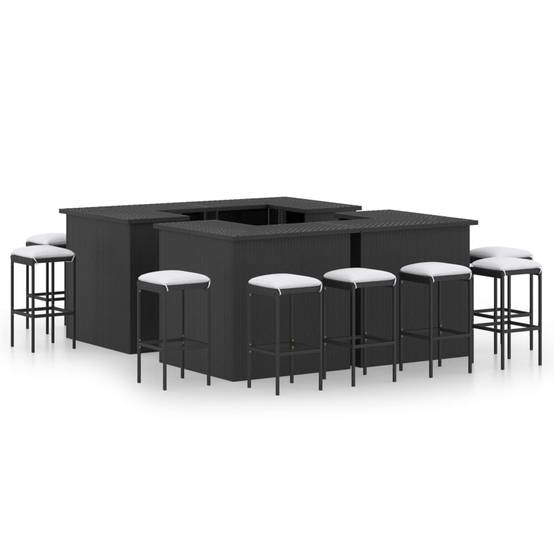 Meuble de bar de jardin 16 pièces et coussins résine tressée noir - Image 1