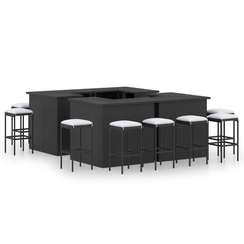 Meuble de bar de jardin 16 pièces et coussins résine tressée noir