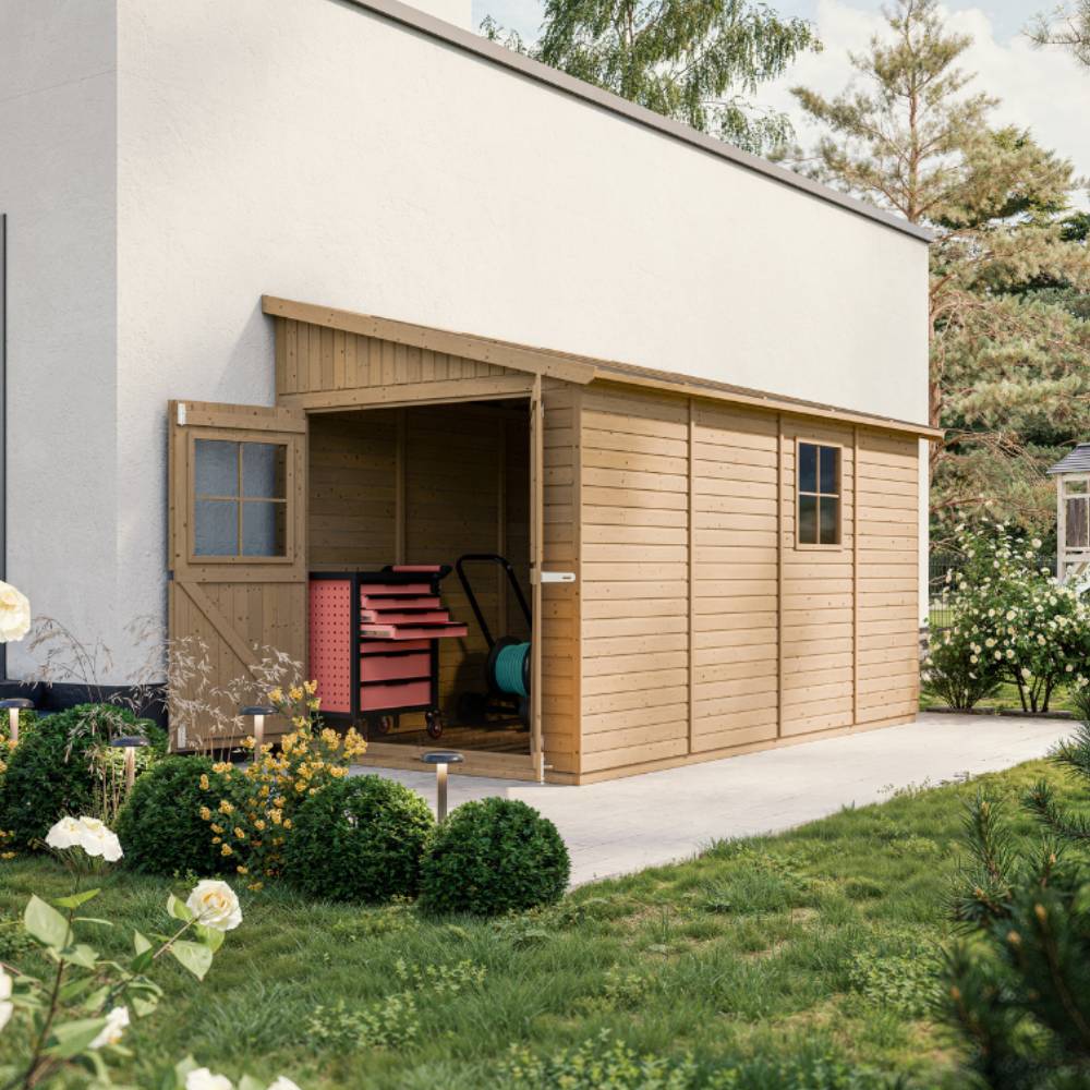 Timbela - Abri de Jardin en Bois Naturel H243x216x416 cm / 8 m² sans paroi latérale avec les planchers imprégné - 17 mm d’épaisseur - Timbela M340+M340G - Image 2