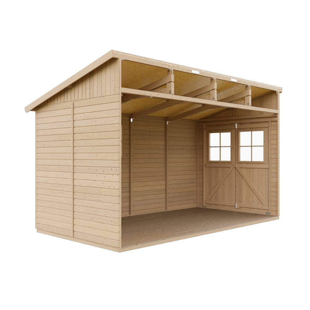Timbela - Abri de Jardin en Bois Naturel H243x216x416 cm / 8 m² sans paroi latérale avec les planchers imprégné - 17 mm d’épaisseur - Timbela M340+M340G - Image 5