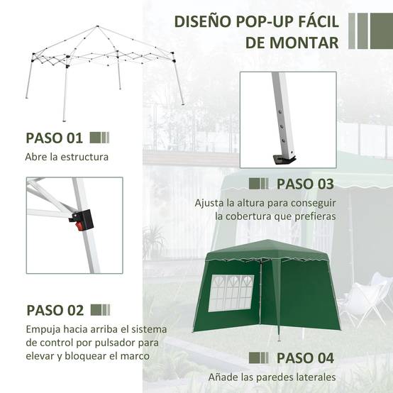 Gazebo pliant avec 2 parois latérales 2,89 x 2,89 m, pavillon de jardin, hauteur réglable, protection UV50+, vert - Image 7